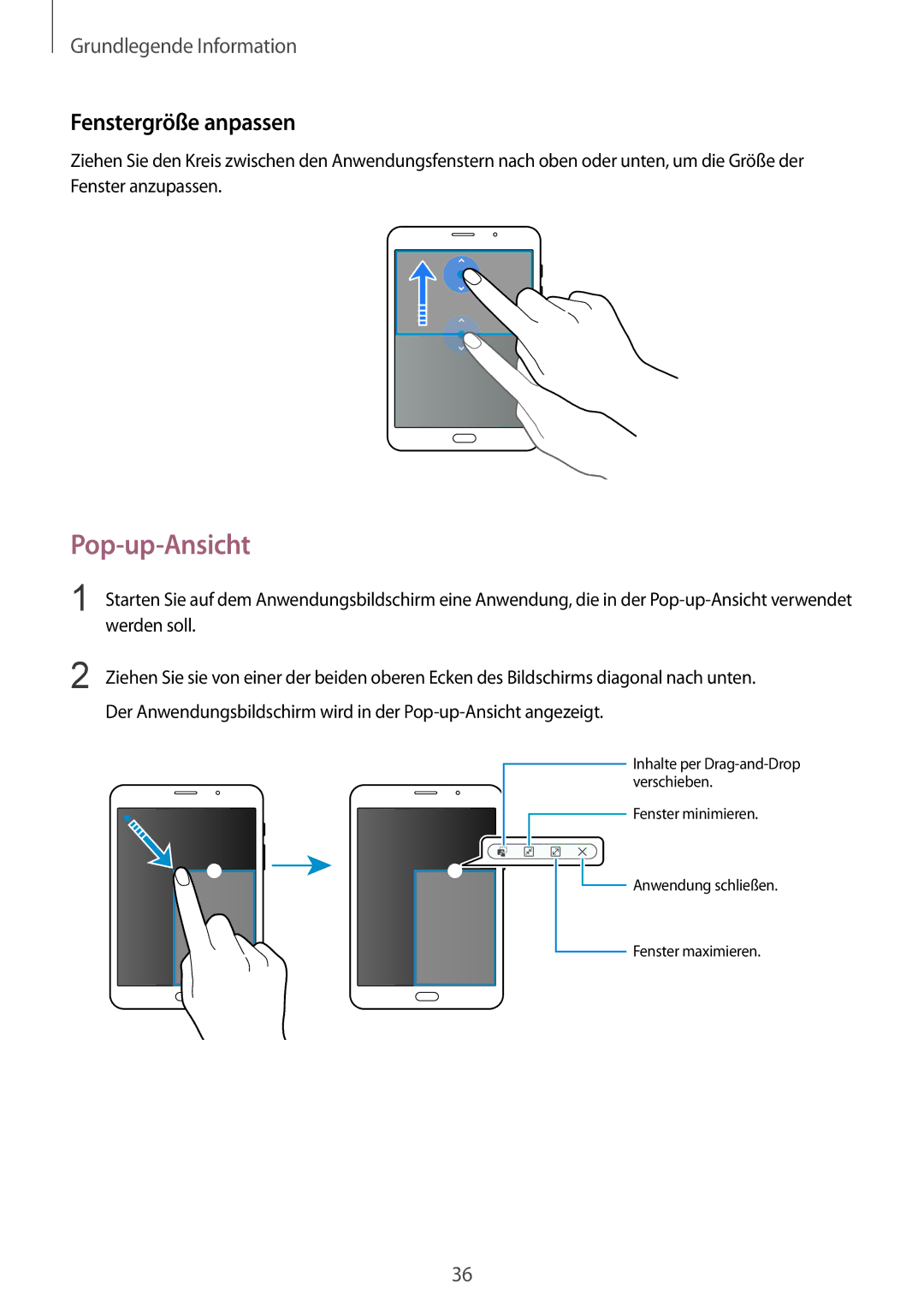 Samsung SM-T715NZKEDBT, SM-T715NZWEDBT manual Pop-up-Ansicht, Fenstergröße anpassen 