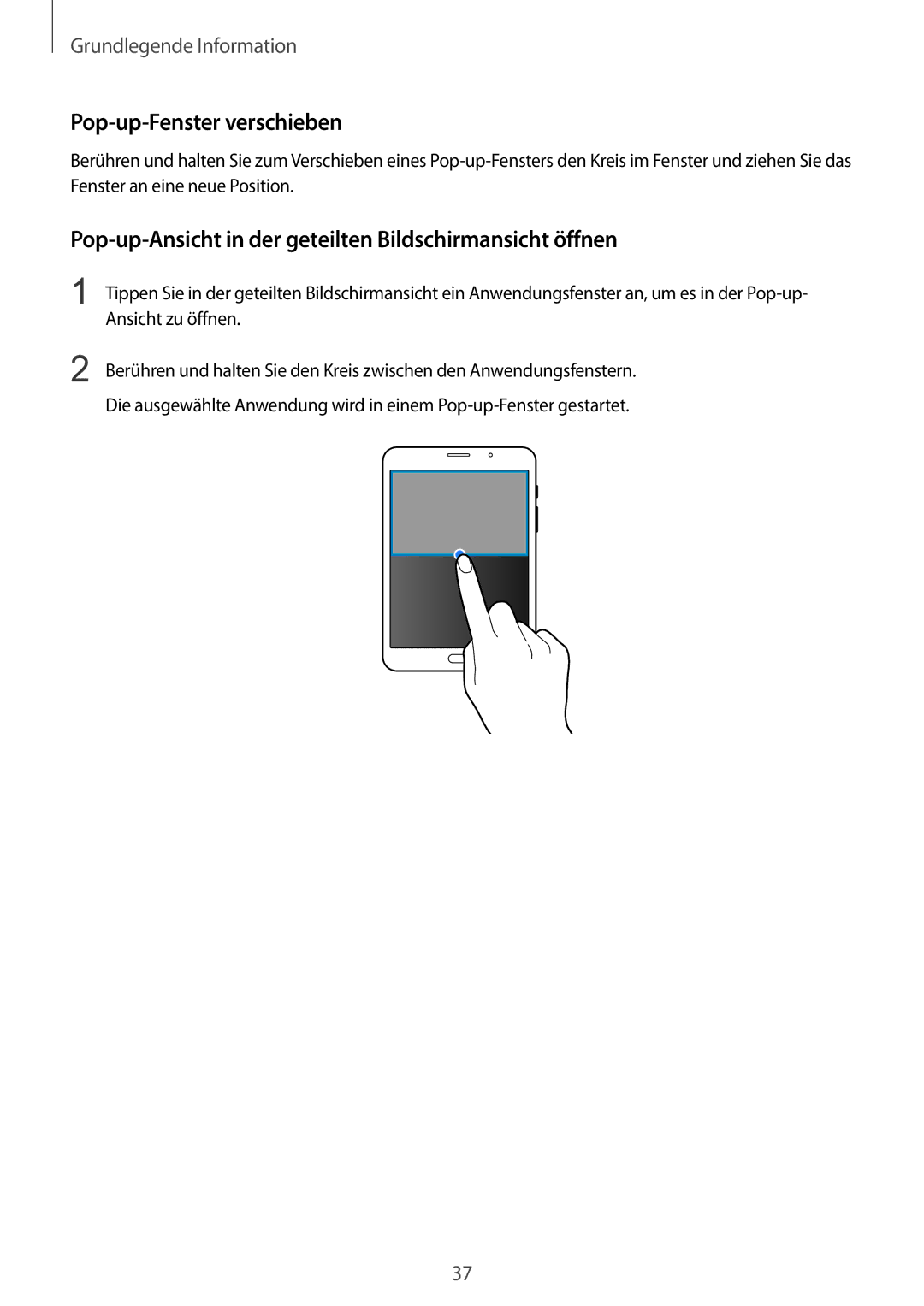 Samsung SM-T715NZWEDBT manual Pop-up-Fenster verschieben, Pop-up-Ansicht in der geteilten Bildschirmansicht öffnen 