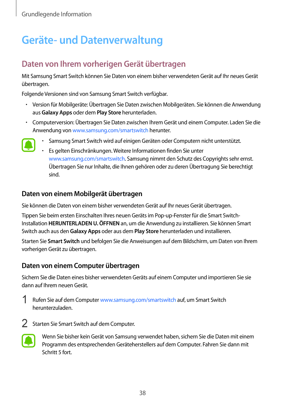 Samsung SM-T715NZKEDBT, SM-T715NZWEDBT manual Geräte- und Datenverwaltung, Daten von Ihrem vorherigen Gerät übertragen 