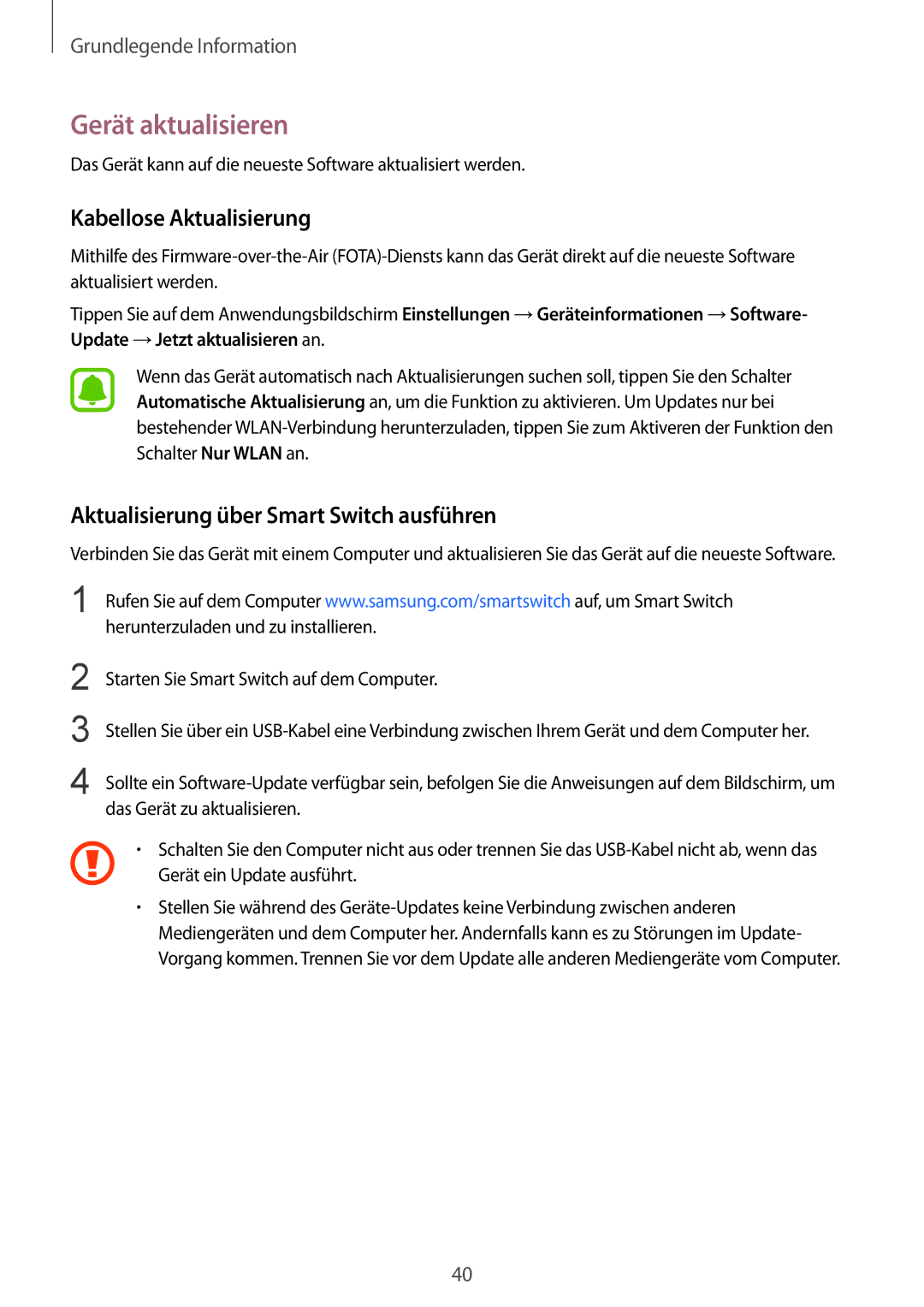 Samsung SM-T715NZKEDBT manual Gerät aktualisieren, Kabellose Aktualisierung, Aktualisierung über Smart Switch ausführen 