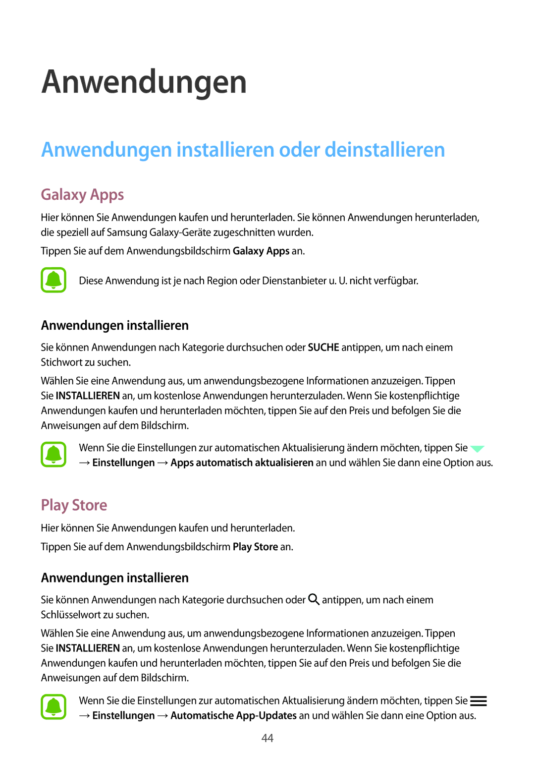 Samsung SM-T715NZKEDBT, SM-T715NZWEDBT manual Anwendungen installieren oder deinstallieren, Galaxy Apps, Play Store 