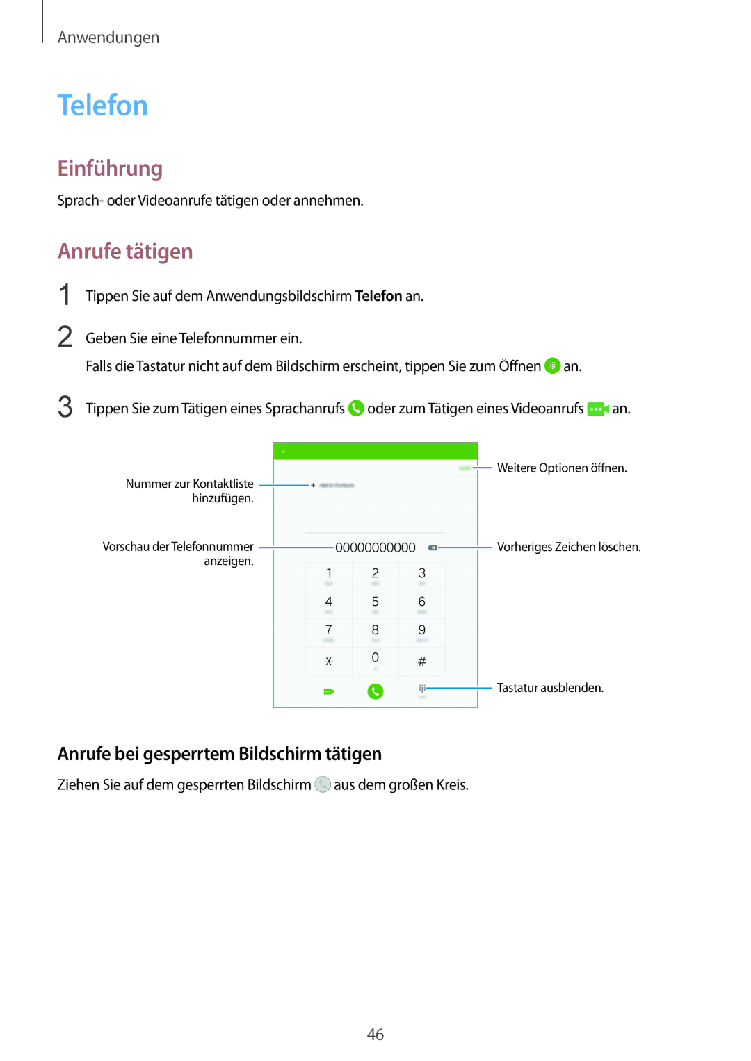 Samsung SM-T715NZKEDBT, SM-T715NZWEDBT manual Telefon, Anrufe tätigen, Anrufe bei gesperrtem Bildschirm tätigen 