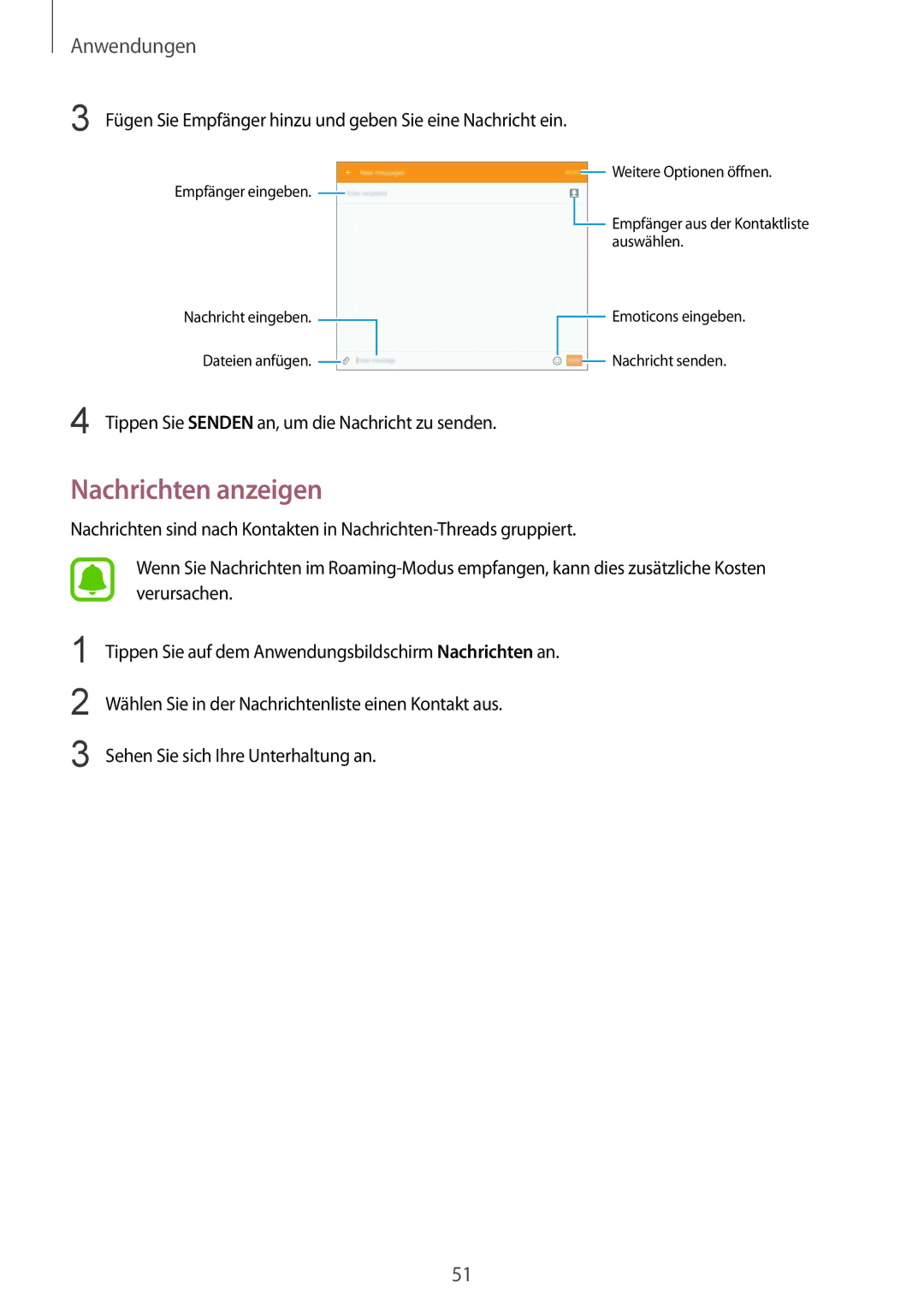 Samsung SM-T715NZWEDBT, SM-T715NZKEDBT Nachrichten anzeigen, Fügen Sie Empfänger hinzu und geben Sie eine Nachricht ein 