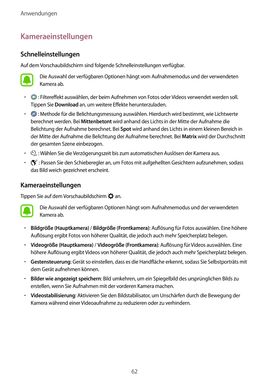 Samsung SM-T715NZKEDBT, SM-T715NZWEDBT manual Kameraeinstellungen, Schnelleinstellungen 