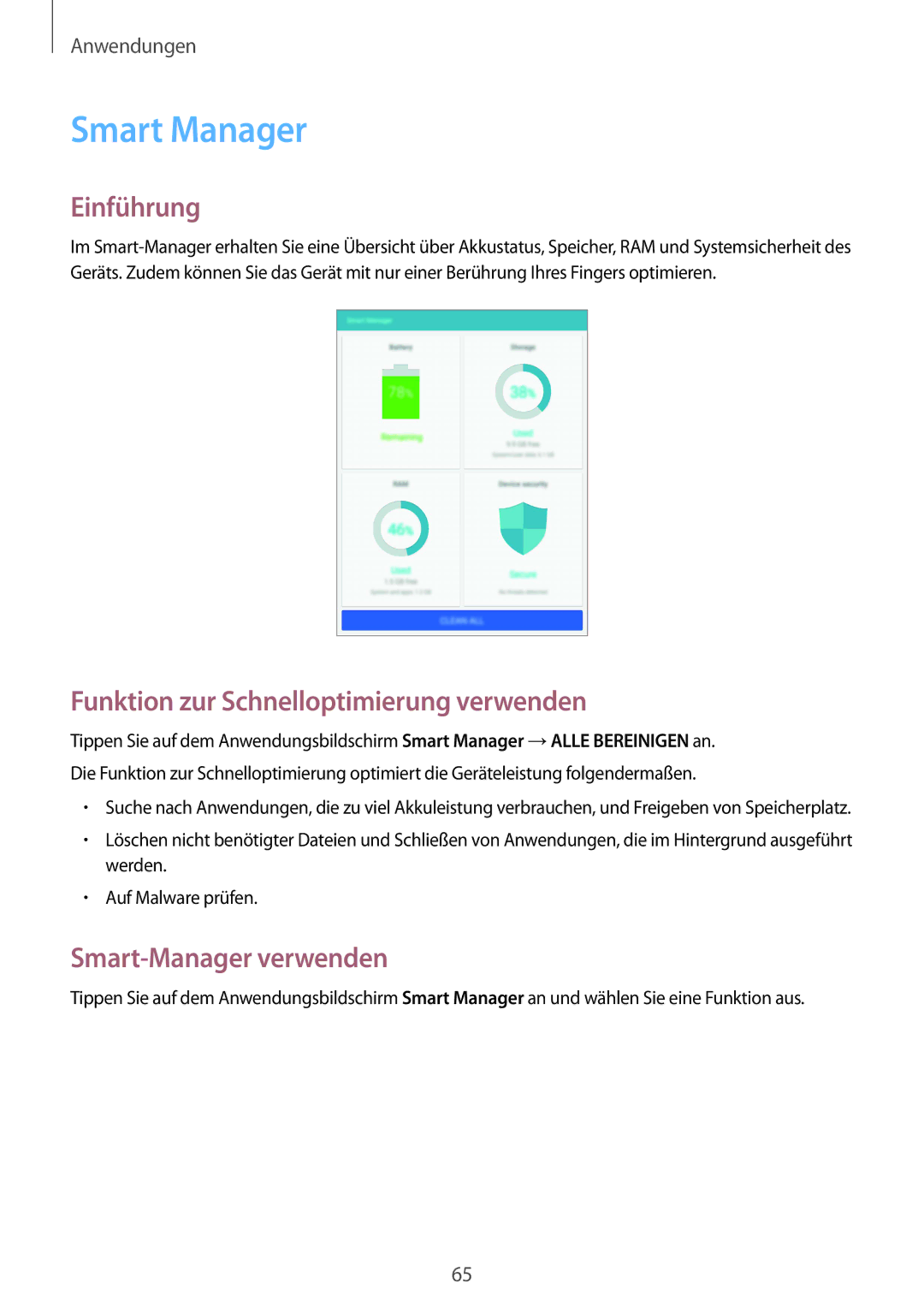 Samsung SM-T715NZWEDBT, SM-T715NZKEDBT Smart Manager, Funktion zur Schnelloptimierung verwenden, Smart-Manager verwenden 