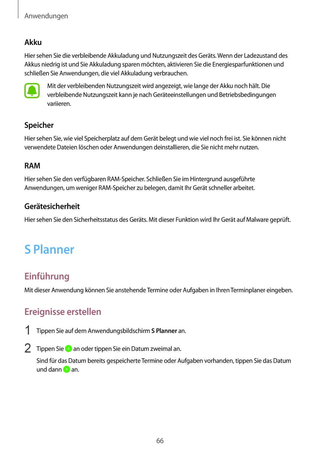 Samsung SM-T715NZKEDBT, SM-T715NZWEDBT manual Planner, Ereignisse erstellen, Akku, Speicher, Gerätesicherheit 