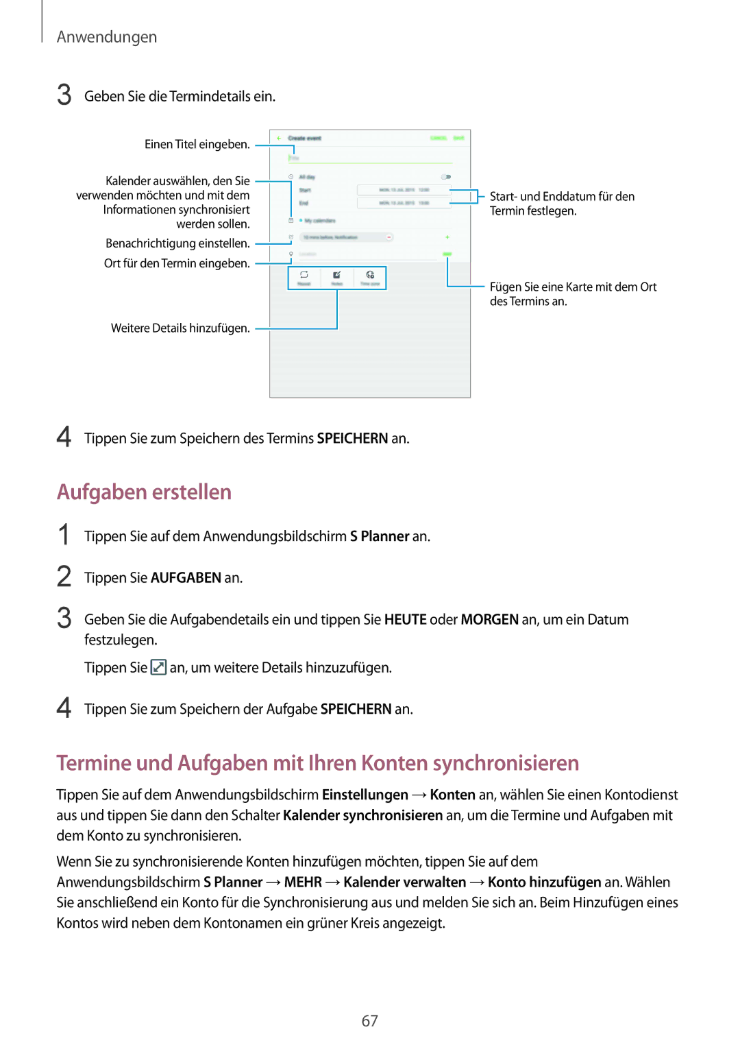 Samsung SM-T715NZWEDBT, SM-T715NZKEDBT manual Aufgaben erstellen, Termine und Aufgaben mit Ihren Konten synchronisieren 