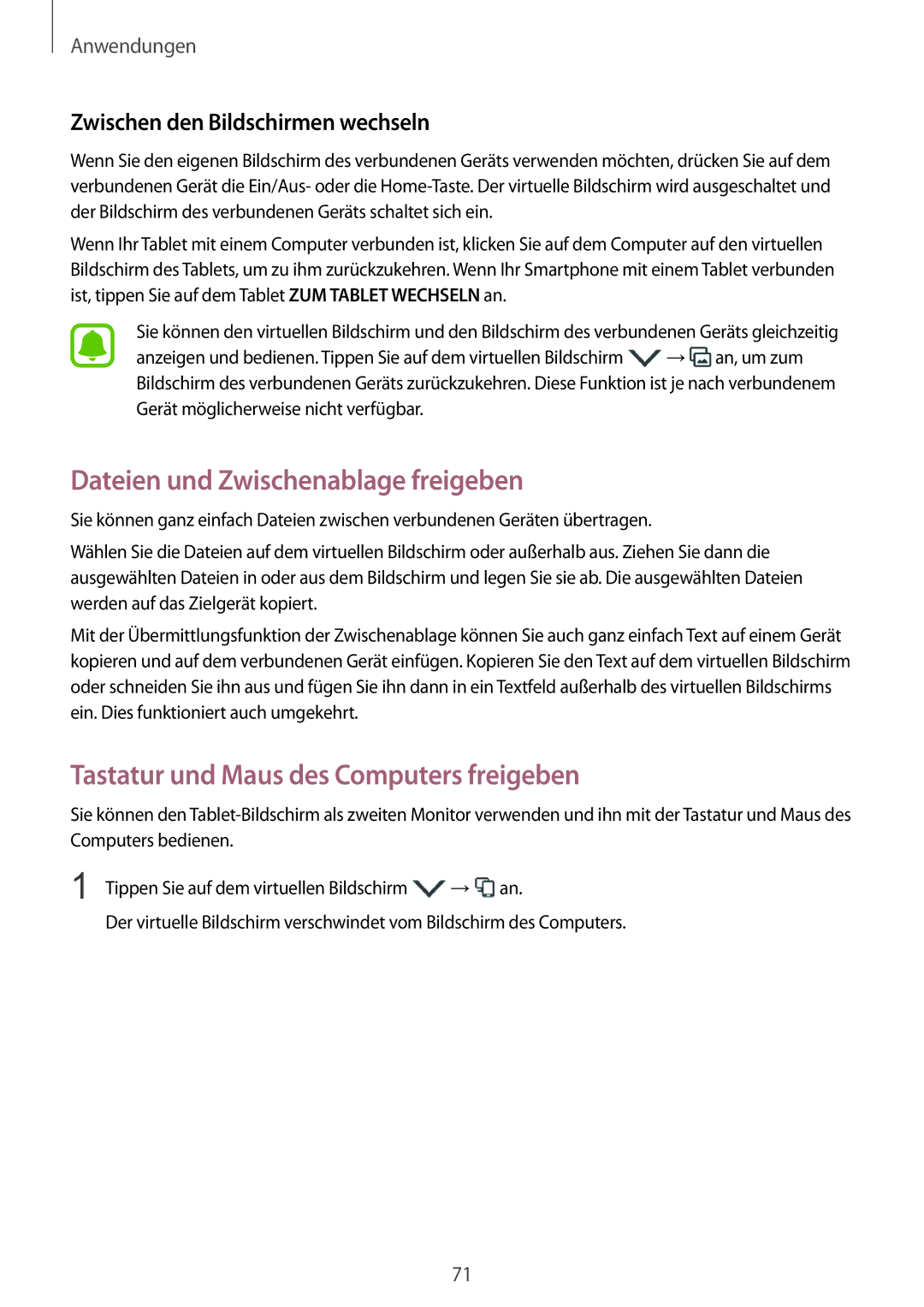 Samsung SM-T715NZWEDBT, SM-T715NZKEDBT Dateien und Zwischenablage freigeben, Tastatur und Maus des Computers freigeben 