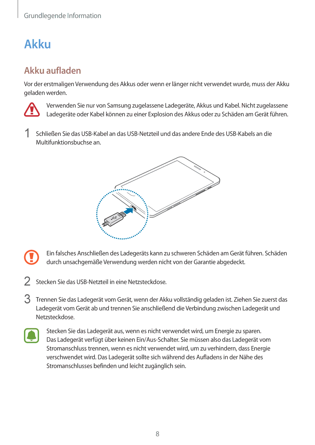 Samsung SM-T715NZKEDBT, SM-T715NZWEDBT manual Akku aufladen 