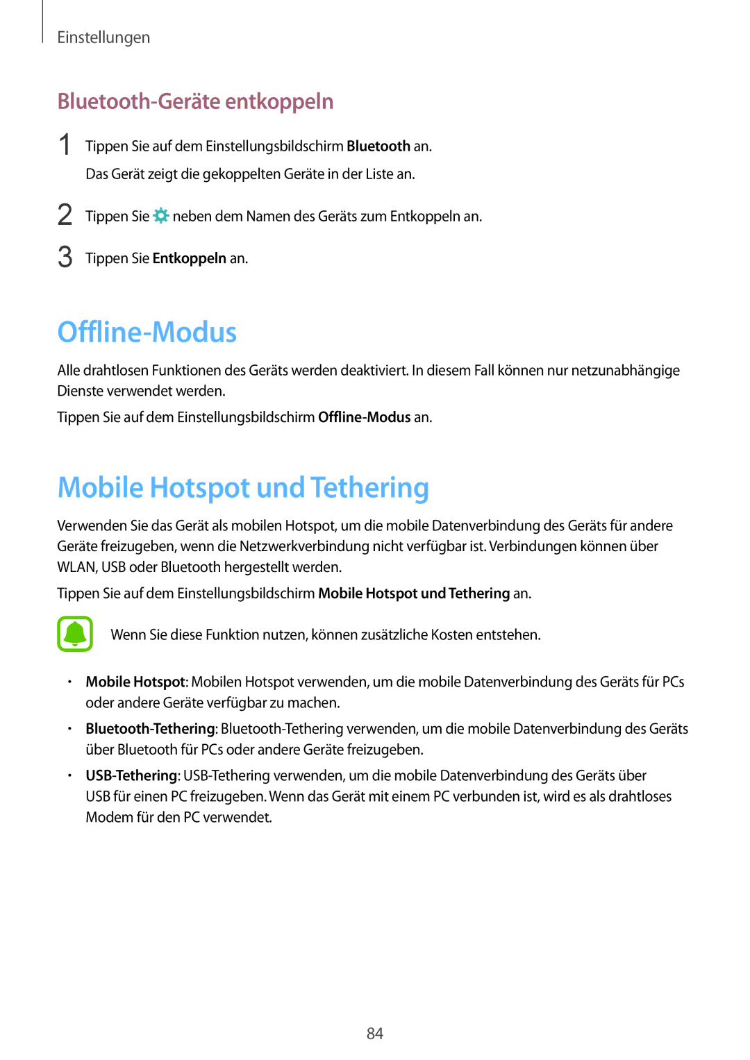 Samsung SM-T715NZKEDBT, SM-T715NZWEDBT manual Offline-Modus, Mobile Hotspot und Tethering, Bluetooth-Geräte entkoppeln 
