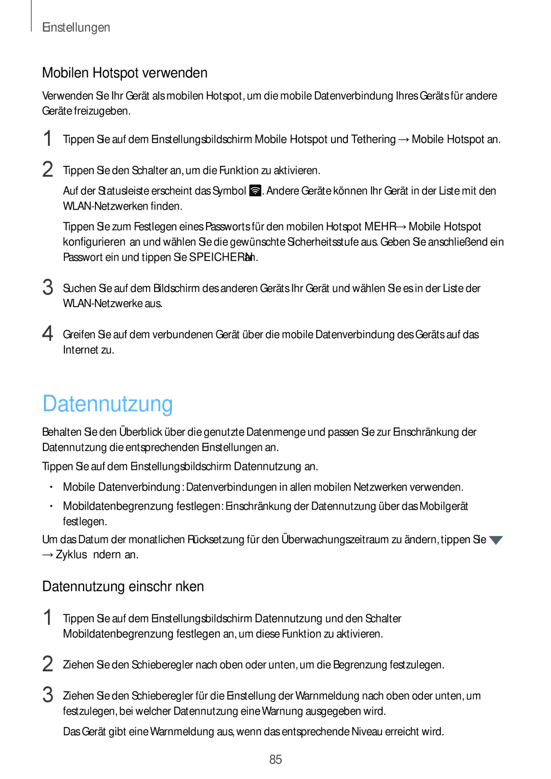Samsung SM-T715NZWEDBT, SM-T715NZKEDBT manual Mobilen Hotspot verwenden, Datennutzung einschränken 