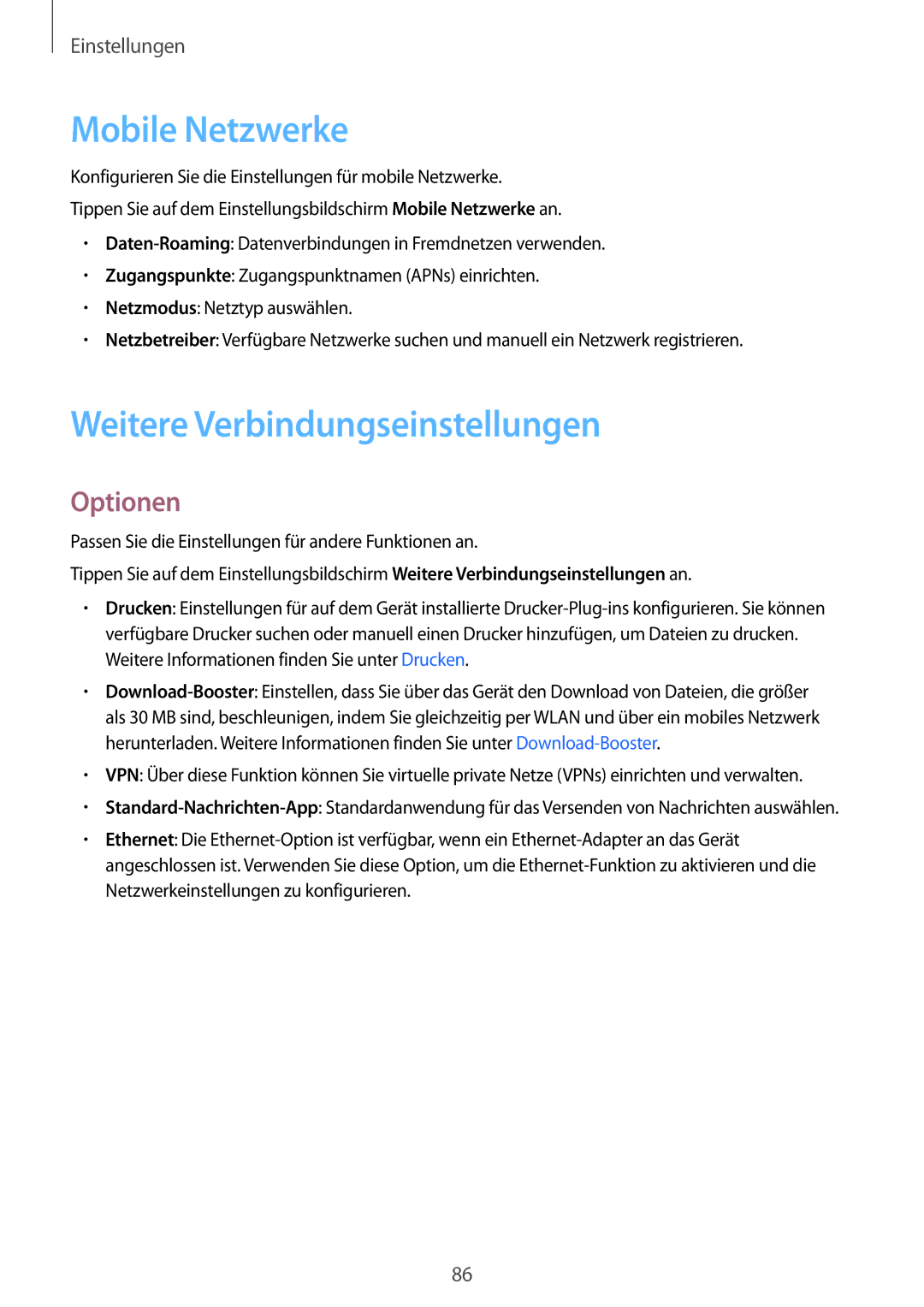 Samsung SM-T715NZKEDBT, SM-T715NZWEDBT manual Mobile Netzwerke, Weitere Verbindungseinstellungen, Optionen 