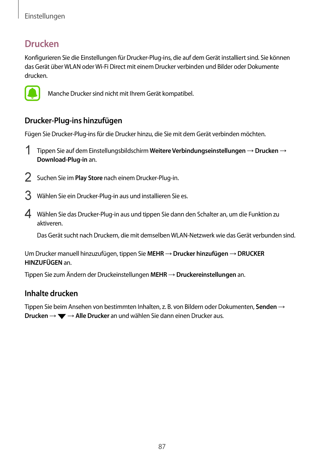 Samsung SM-T715NZWEDBT, SM-T715NZKEDBT manual Drucken, Drucker-Plug-ins hinzufügen, Inhalte drucken 