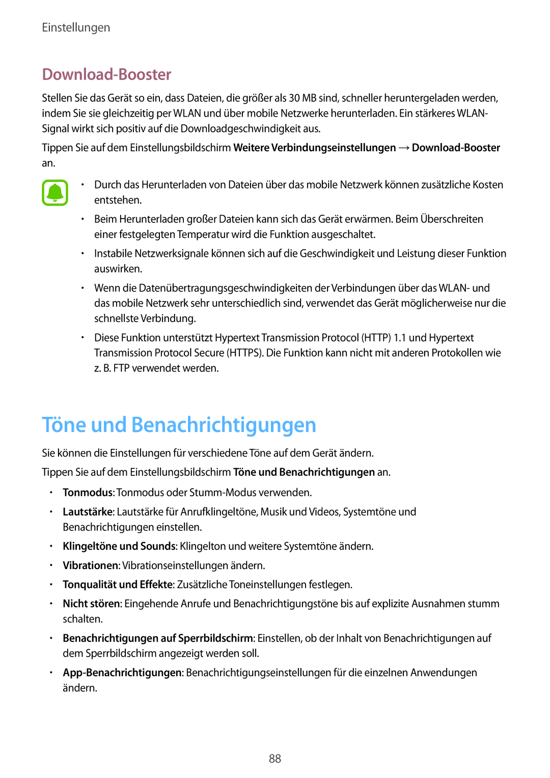 Samsung SM-T715NZKEDBT, SM-T715NZWEDBT manual Töne und Benachrichtigungen, Download-Booster 