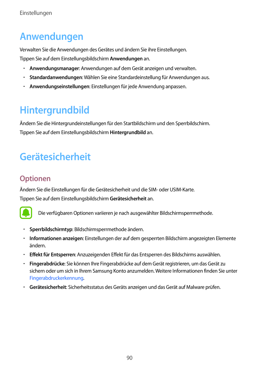 Samsung SM-T715NZKEDBT, SM-T715NZWEDBT manual Anwendungen, Hintergrundbild, Gerätesicherheit 