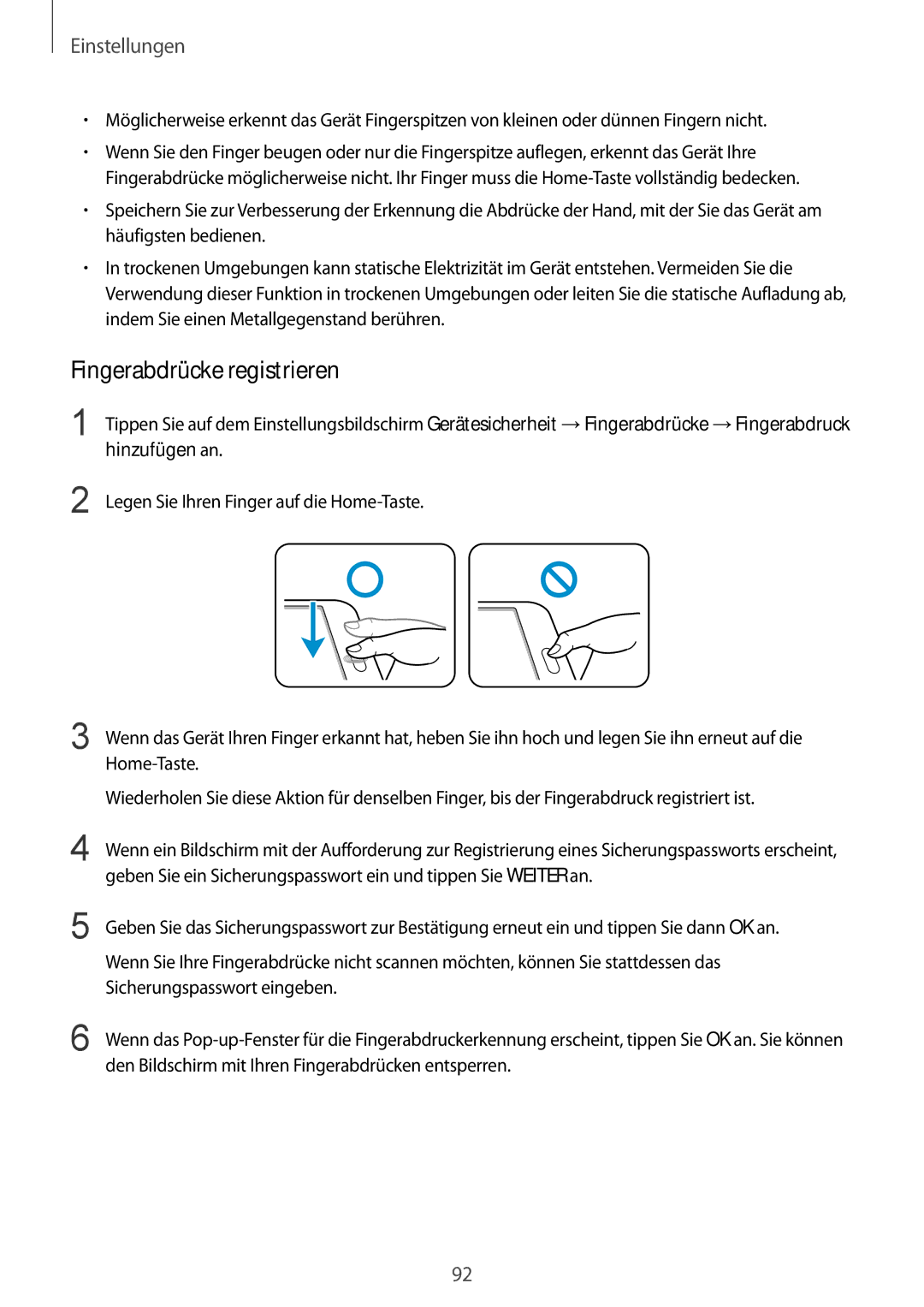 Samsung SM-T715NZKEDBT, SM-T715NZWEDBT manual Fingerabdrücke registrieren 