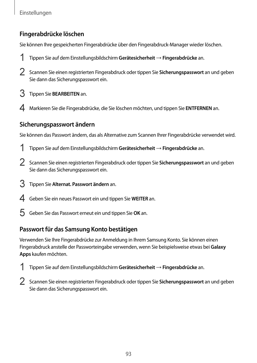 Samsung SM-T715NZWEDBT manual Fingerabdrücke löschen, Sicherungspasswort ändern, Passwort für das Samsung Konto bestätigen 