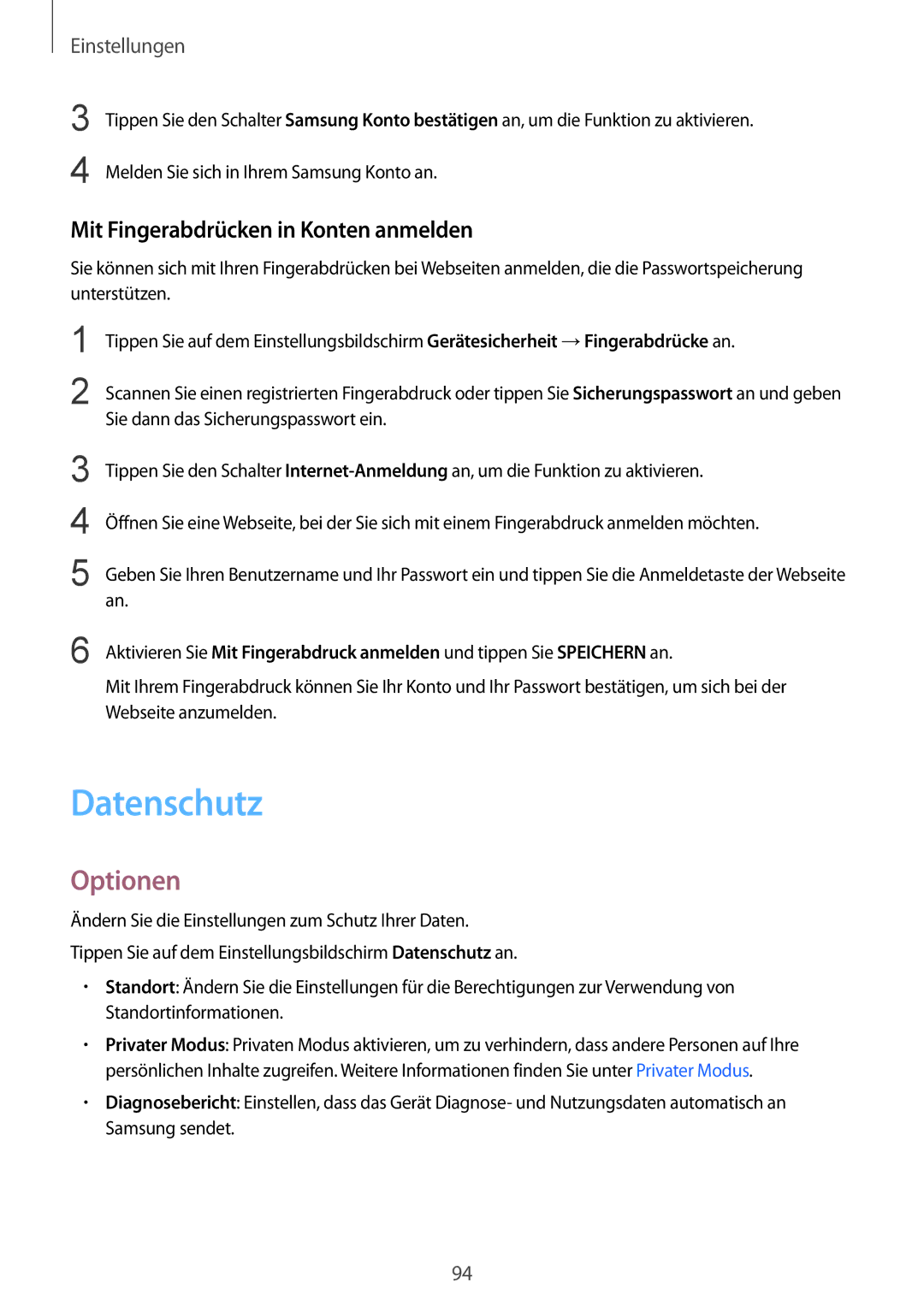 Samsung SM-T715NZKEDBT, SM-T715NZWEDBT manual Datenschutz, Mit Fingerabdrücken in Konten anmelden 