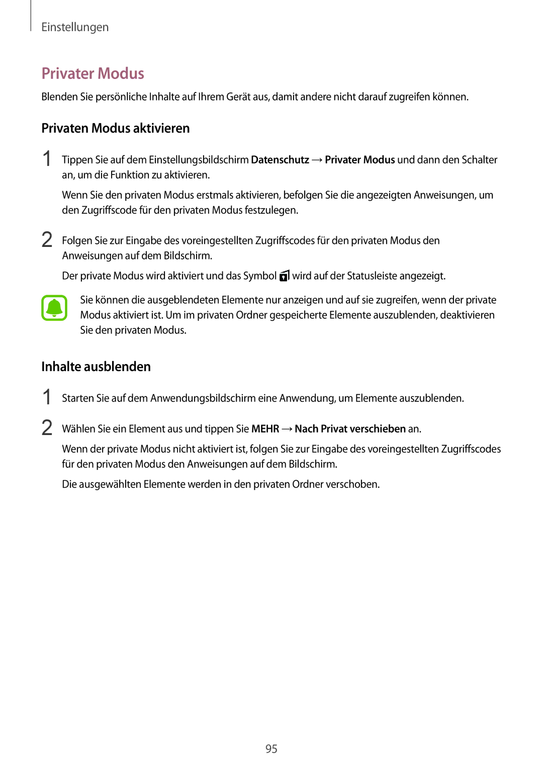 Samsung SM-T715NZWEDBT, SM-T715NZKEDBT manual Privater Modus, Privaten Modus aktivieren, Inhalte ausblenden 