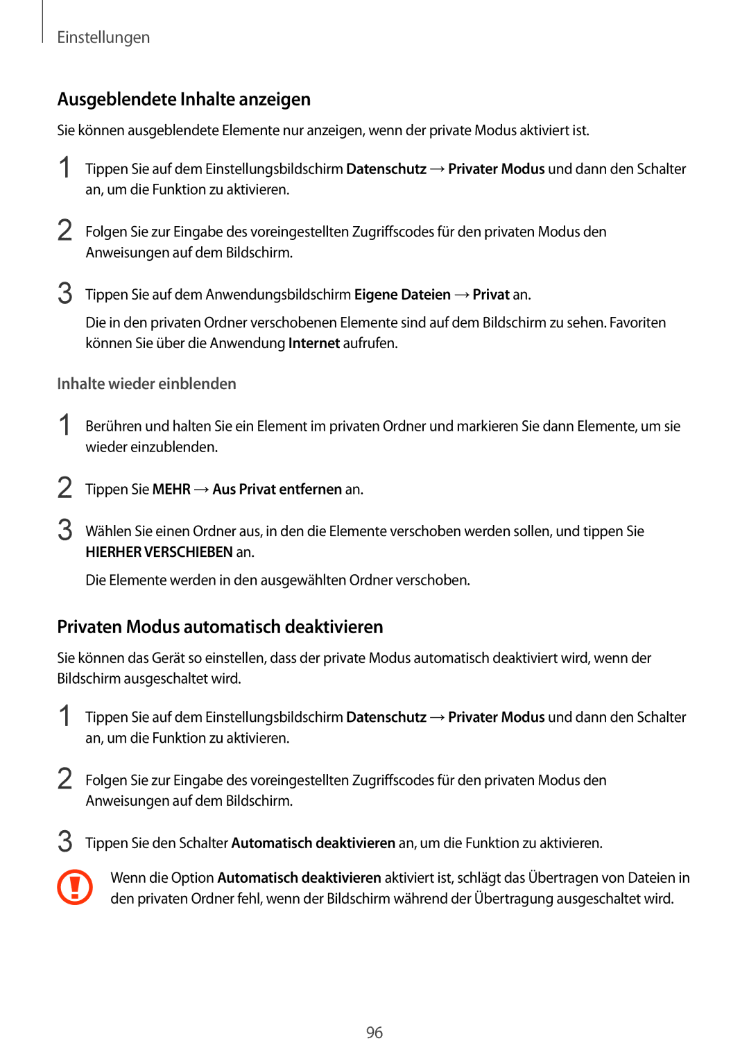 Samsung SM-T715NZKEDBT, SM-T715NZWEDBT manual Ausgeblendete Inhalte anzeigen, Privaten Modus automatisch deaktivieren 
