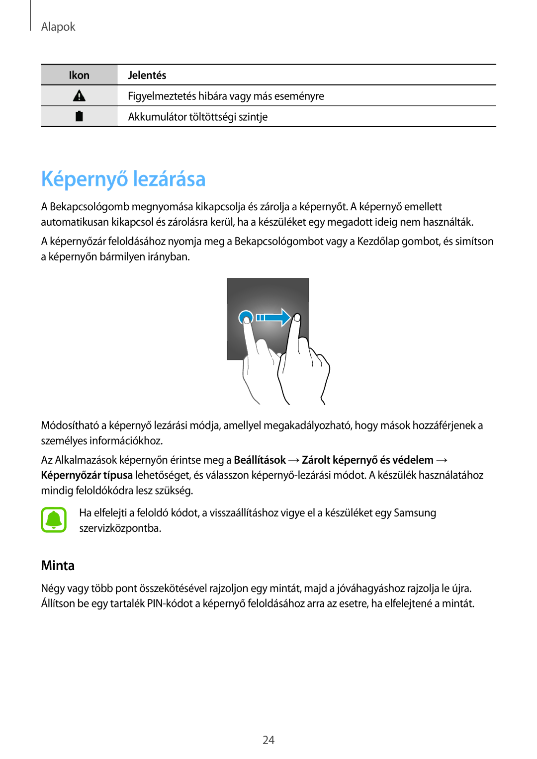 Samsung SM-T715NZKEXEH, SM-T715NZWEXEH manual Képernyő lezárása, Minta 