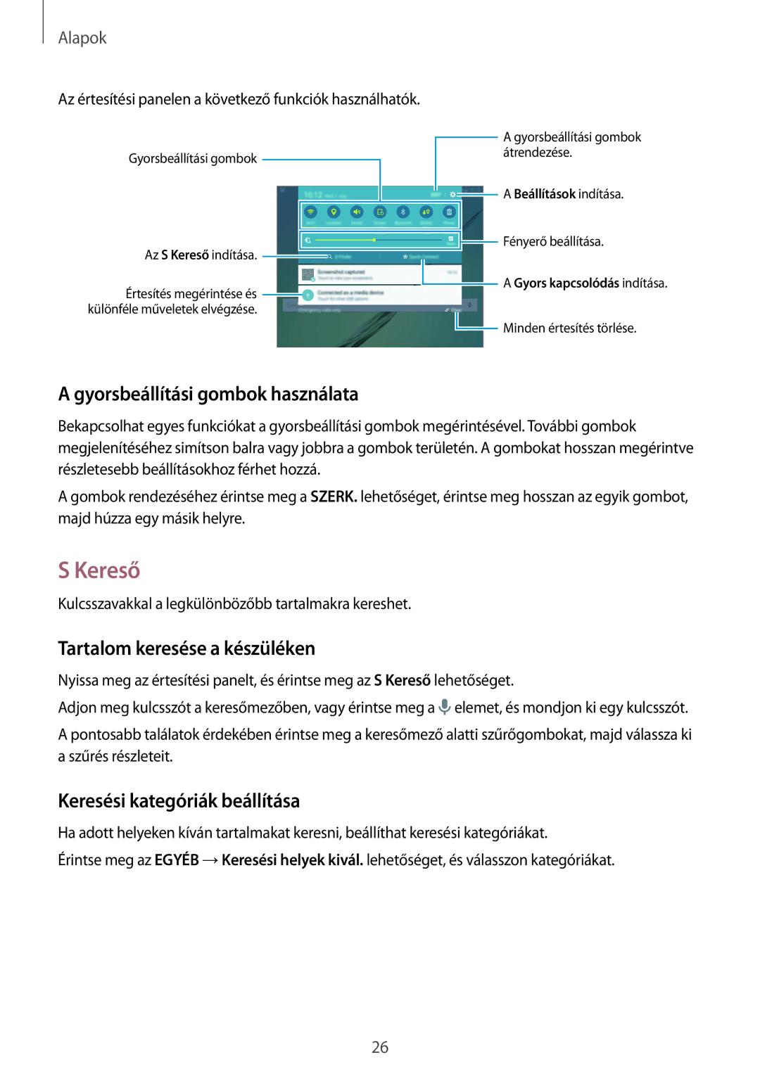 Samsung SM-T715NZKEXEH, SM-T715NZWEXEH manual Kereső, Gyorsbeállítási gombok használata, Tartalom keresése a készüléken 