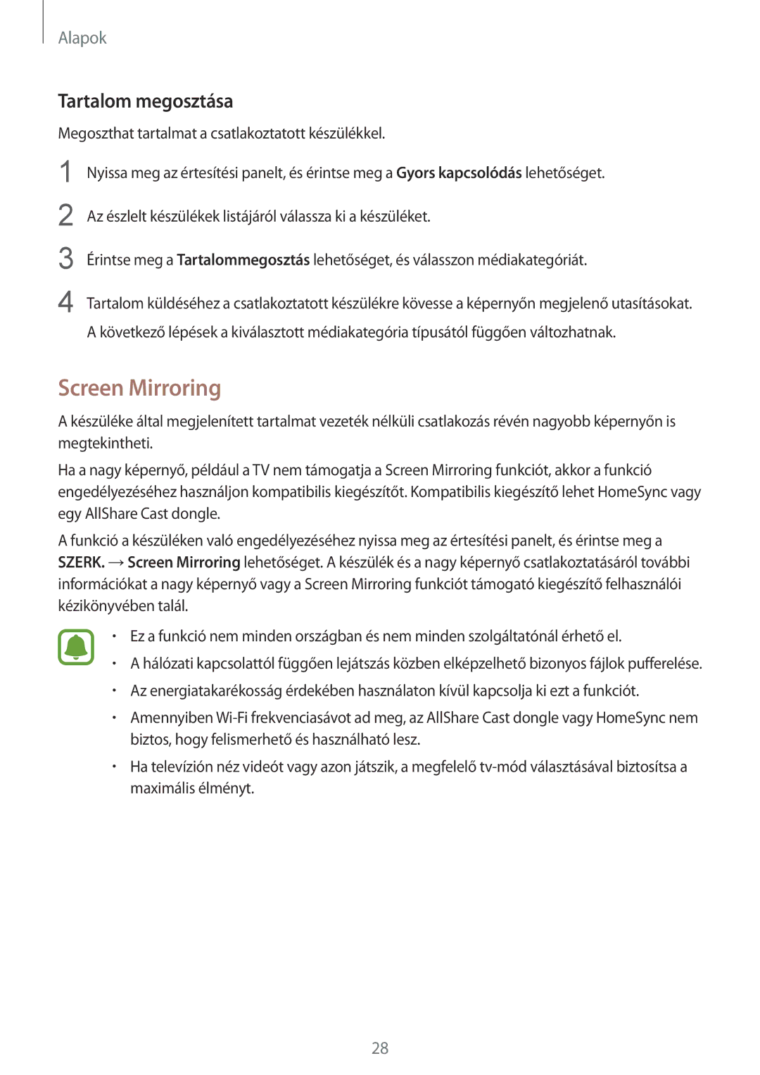 Samsung SM-T715NZKEXEH, SM-T715NZWEXEH manual Screen Mirroring, Tartalom megosztása 