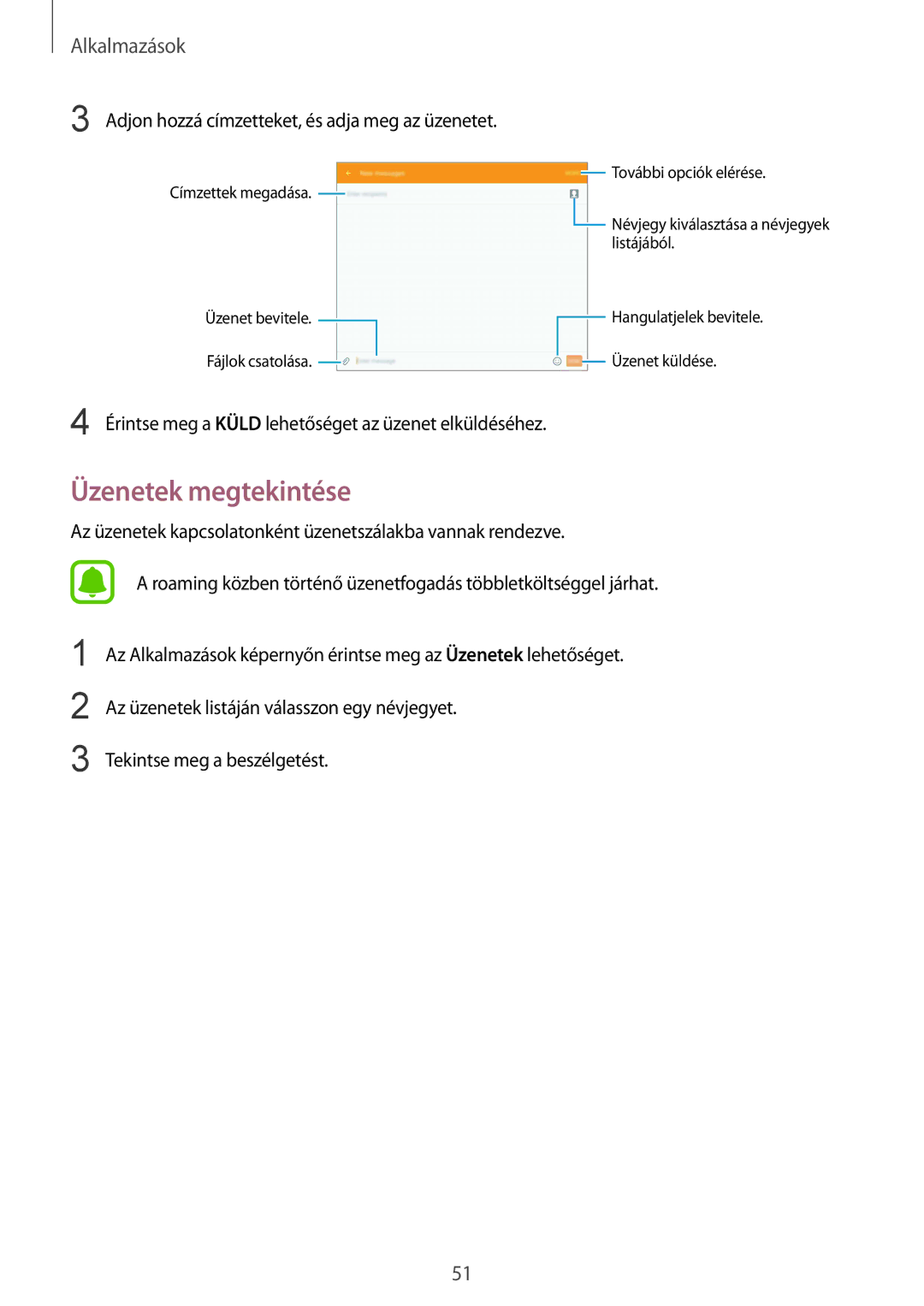 Samsung SM-T715NZWEXEH, SM-T715NZKEXEH manual Üzenetek megtekintése, Adjon hozzá címzetteket, és adja meg az üzenetet 