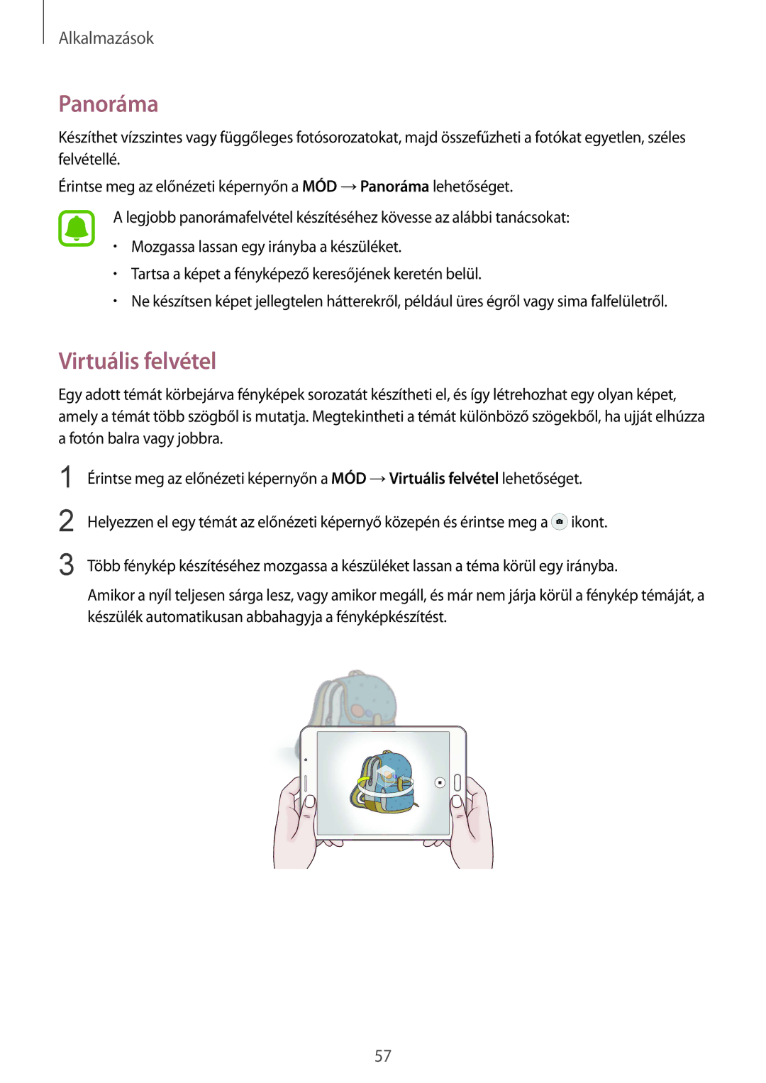 Samsung SM-T715NZWEXEH, SM-T715NZKEXEH manual Panoráma, Virtuális felvétel 
