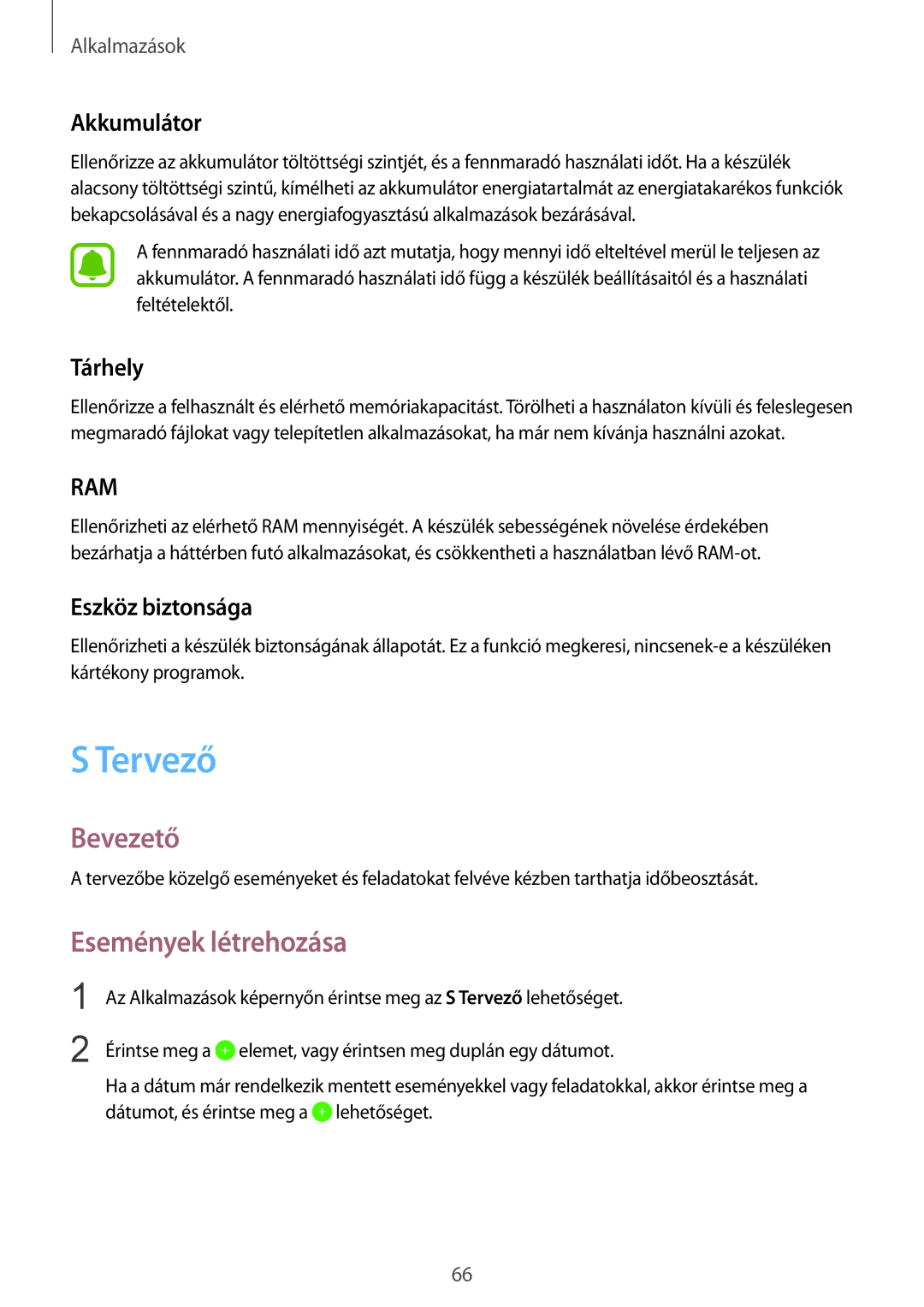 Samsung SM-T715NZKEXEH, SM-T715NZWEXEH manual Tervező, Események létrehozása, Akkumulátor, Tárhely, Eszköz biztonsága 