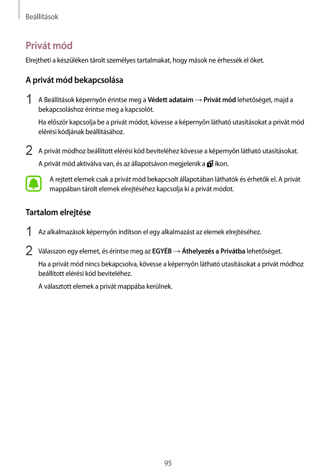 Samsung SM-T715NZWEXEH, SM-T715NZKEXEH manual Privát mód bekapcsolása, Tartalom elrejtése 