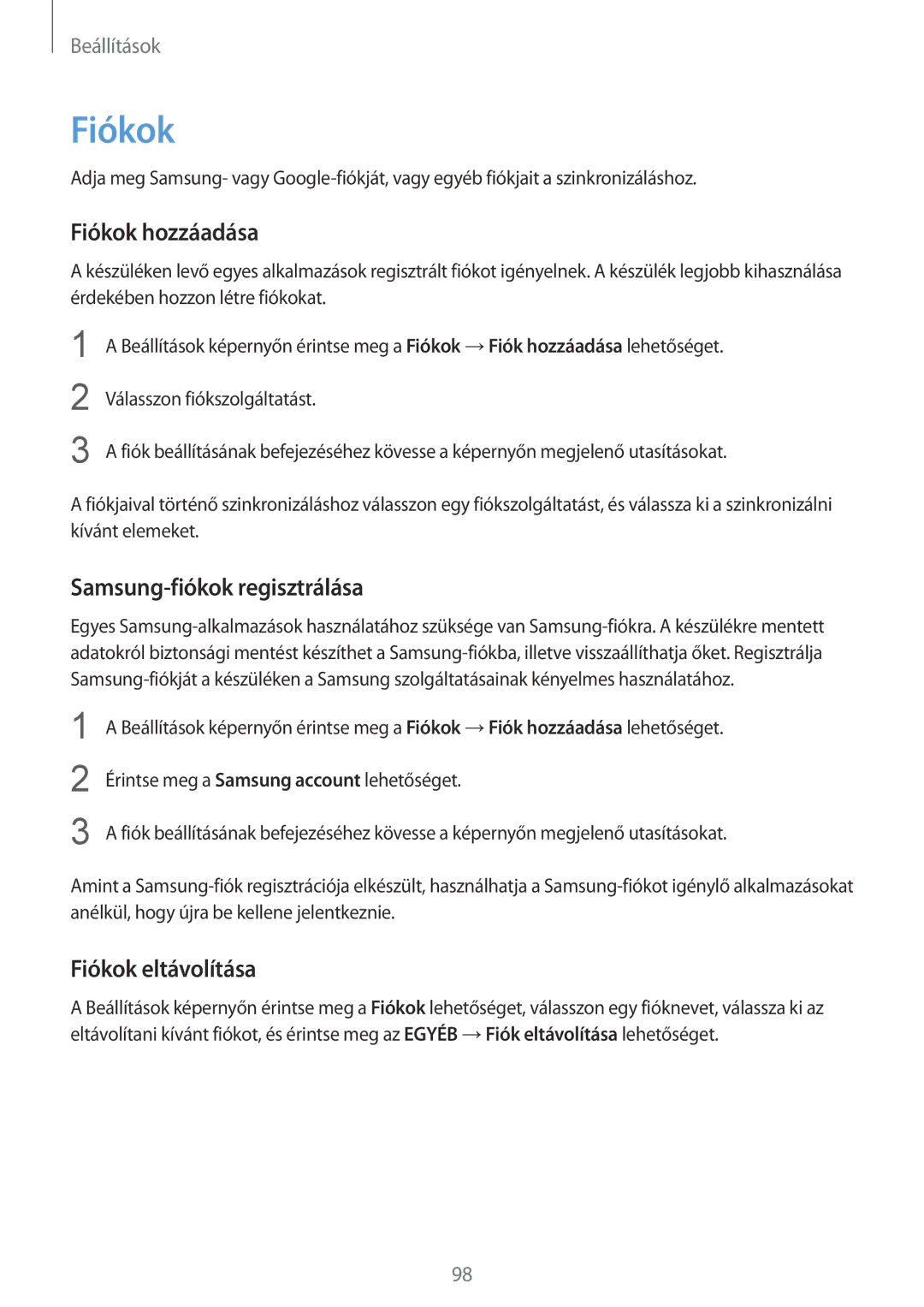 Samsung SM-T715NZKEXEH, SM-T715NZWEXEH manual Fiókok hozzáadása, Samsung-fiókok regisztrálása, Fiókok eltávolítása 