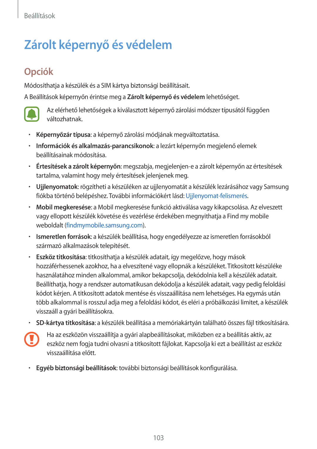 Samsung SM-T715NZWEXEH, SM-T715NZKEXEH, SM-T815NZKEXEH, SM-T815NZWEXEH manual Zárolt képernyő és védelem, Opciók 