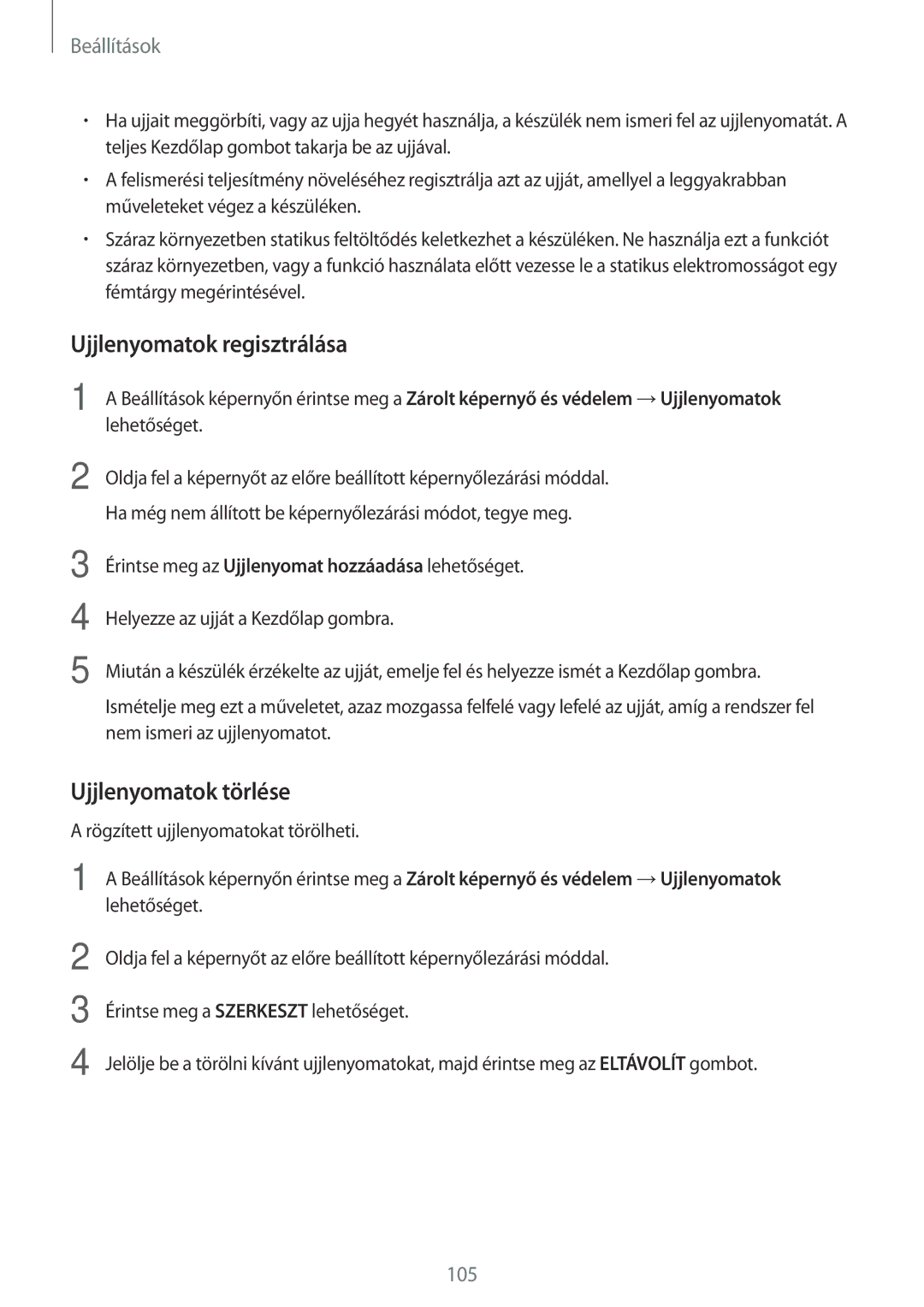 Samsung SM-T815NZKEXEH, SM-T715NZKEXEH, SM-T815NZWEXEH, SM-T715NZWEXEH Ujjlenyomatok regisztrálása, Ujjlenyomatok törlése 