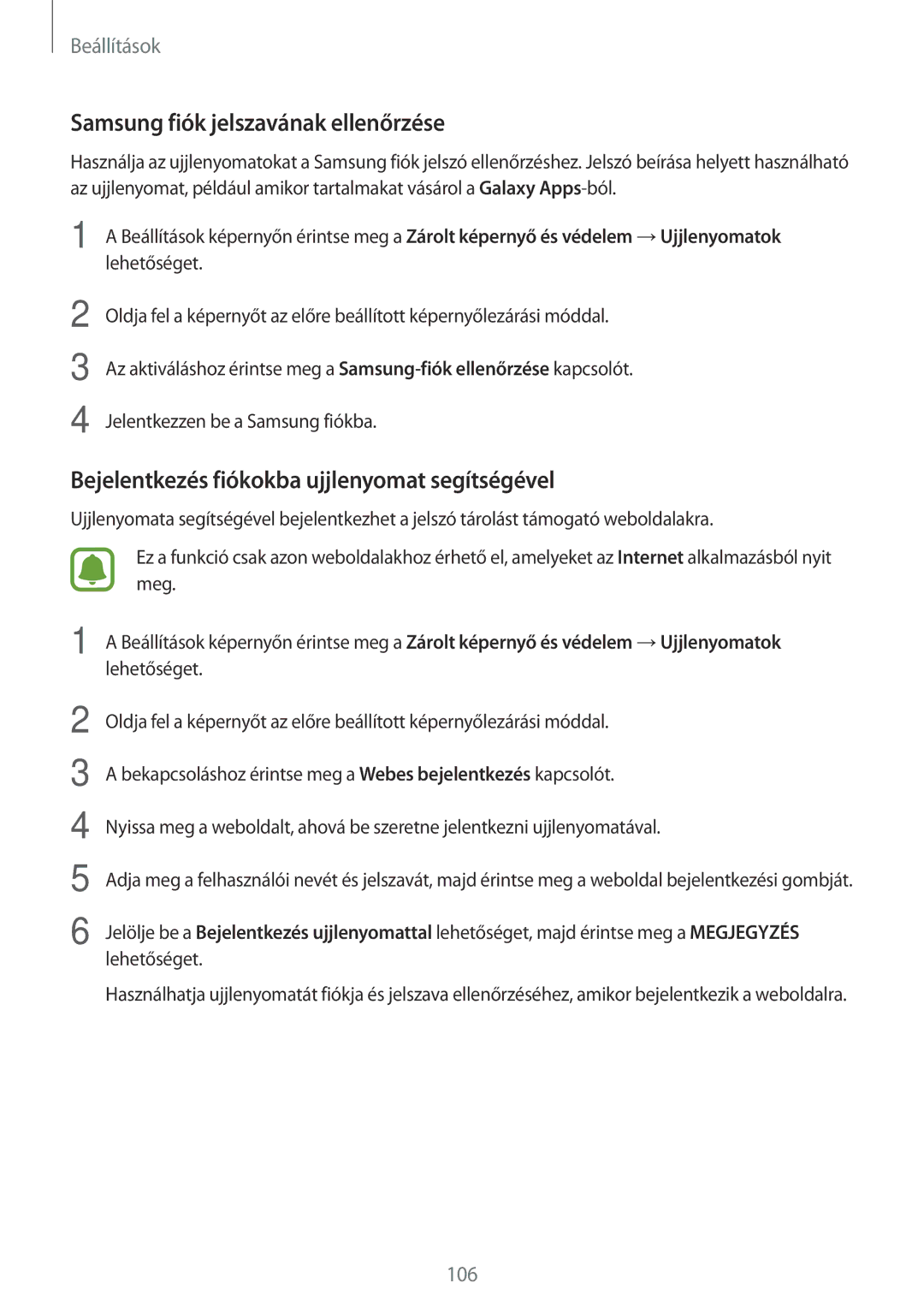 Samsung SM-T815NZWEXEH manual Samsung fiók jelszavának ellenőrzése, Bejelentkezés fiókokba ujjlenyomat segítségével 