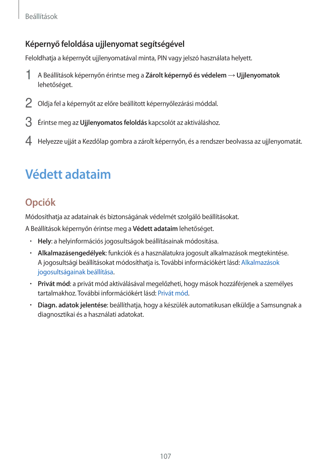 Samsung SM-T715NZWEXEH, SM-T715NZKEXEH, SM-T815NZKEXEH manual Védett adataim, Képernyő feloldása ujjlenyomat segítségével 