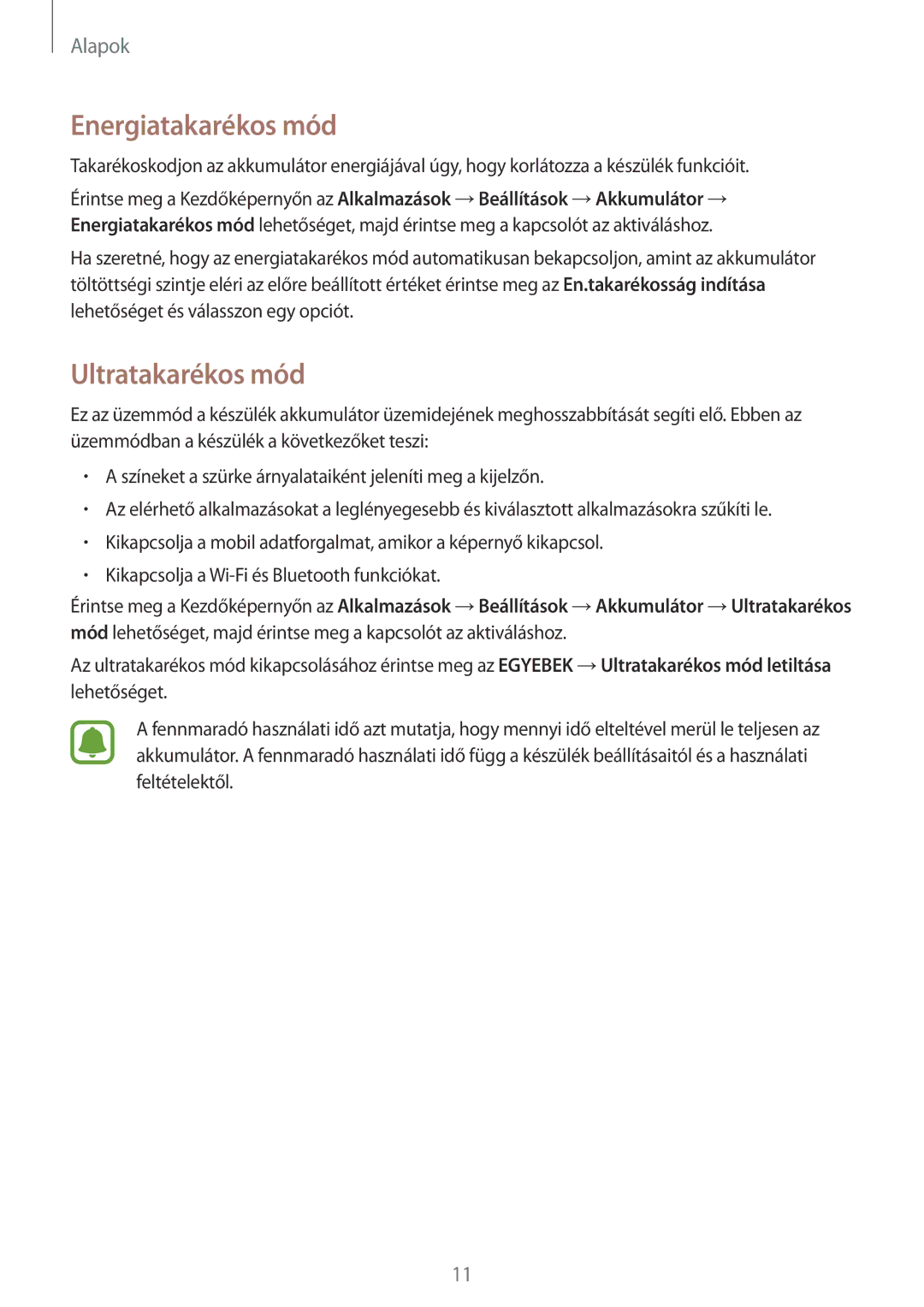 Samsung SM-T715NZWEXEH, SM-T715NZKEXEH, SM-T815NZKEXEH, SM-T815NZWEXEH manual Energiatakarékos mód, Ultratakarékos mód 