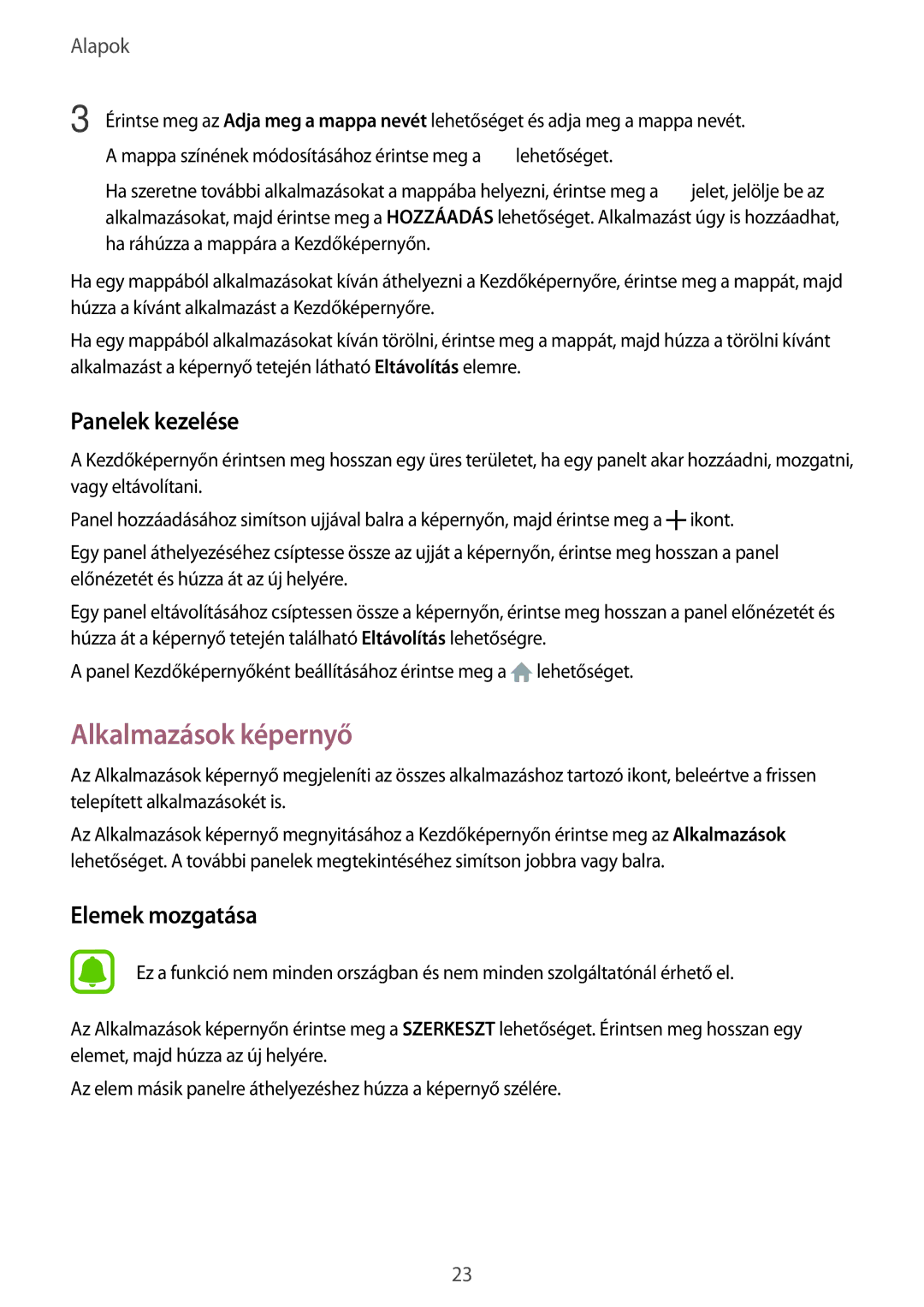 Samsung SM-T715NZWEXEH, SM-T715NZKEXEH, SM-T815NZKEXEH, SM-T815NZWEXEH manual Alkalmazások képernyő, Panelek kezelése 