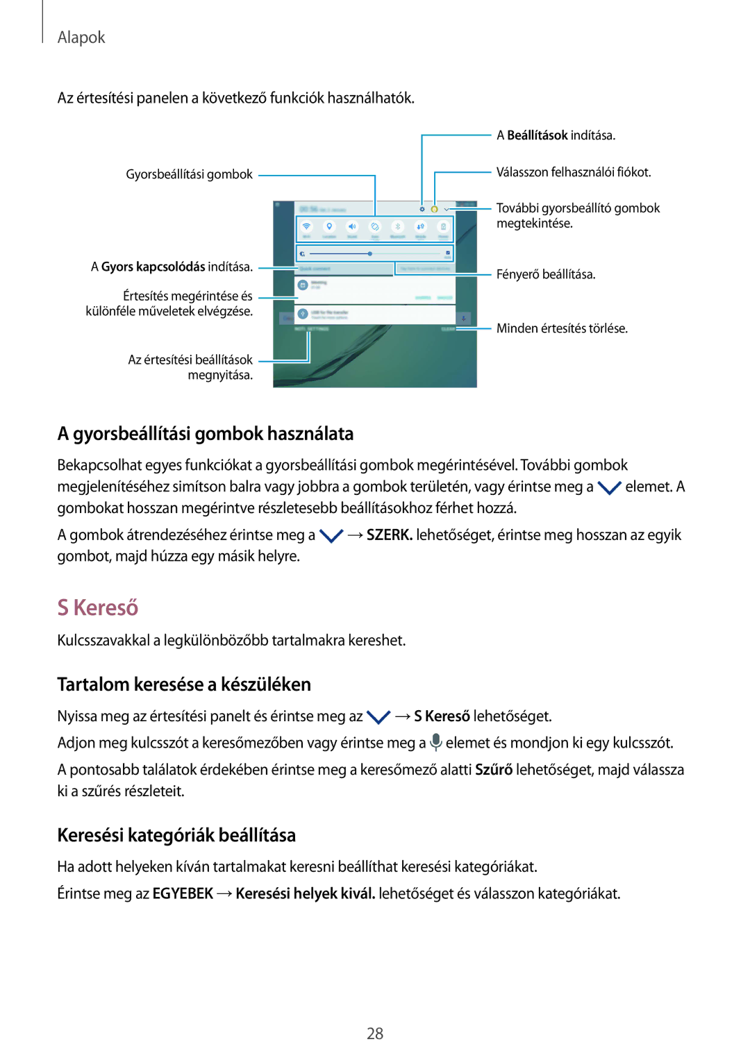 Samsung SM-T715NZKEXEH, SM-T815NZKEXEH manual Kereső, Gyorsbeállítási gombok használata, Tartalom keresése a készüléken 