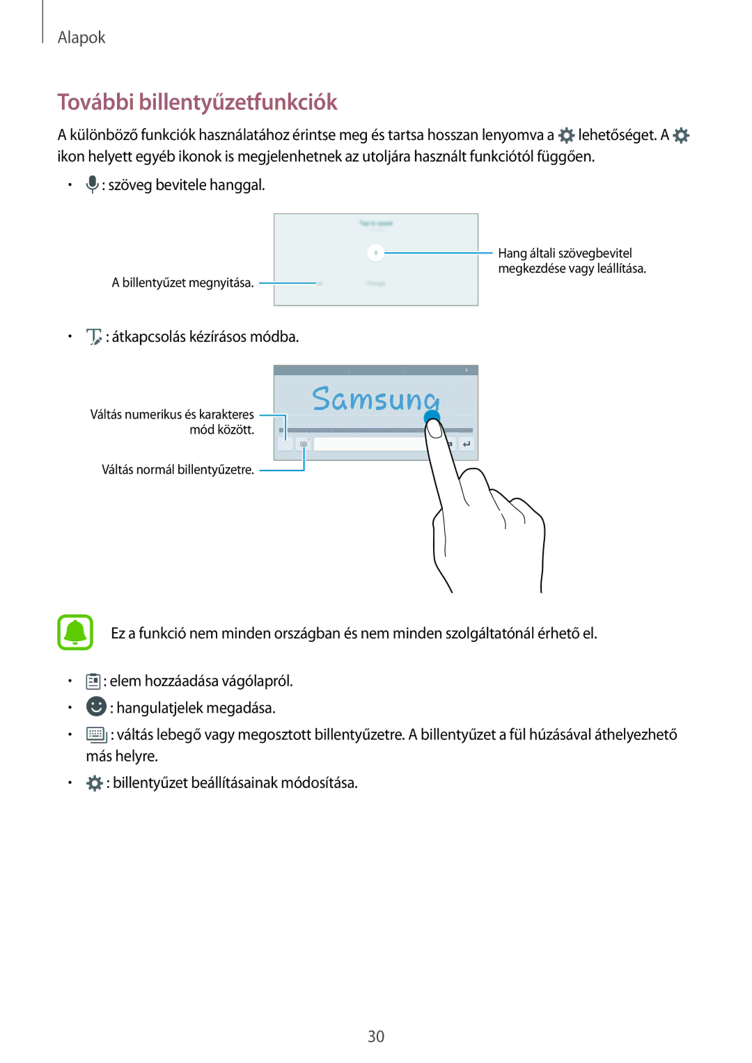 Samsung SM-T815NZWEXEH, SM-T715NZKEXEH, SM-T815NZKEXEH, SM-T715NZWEXEH manual További billentyűzetfunkciók 