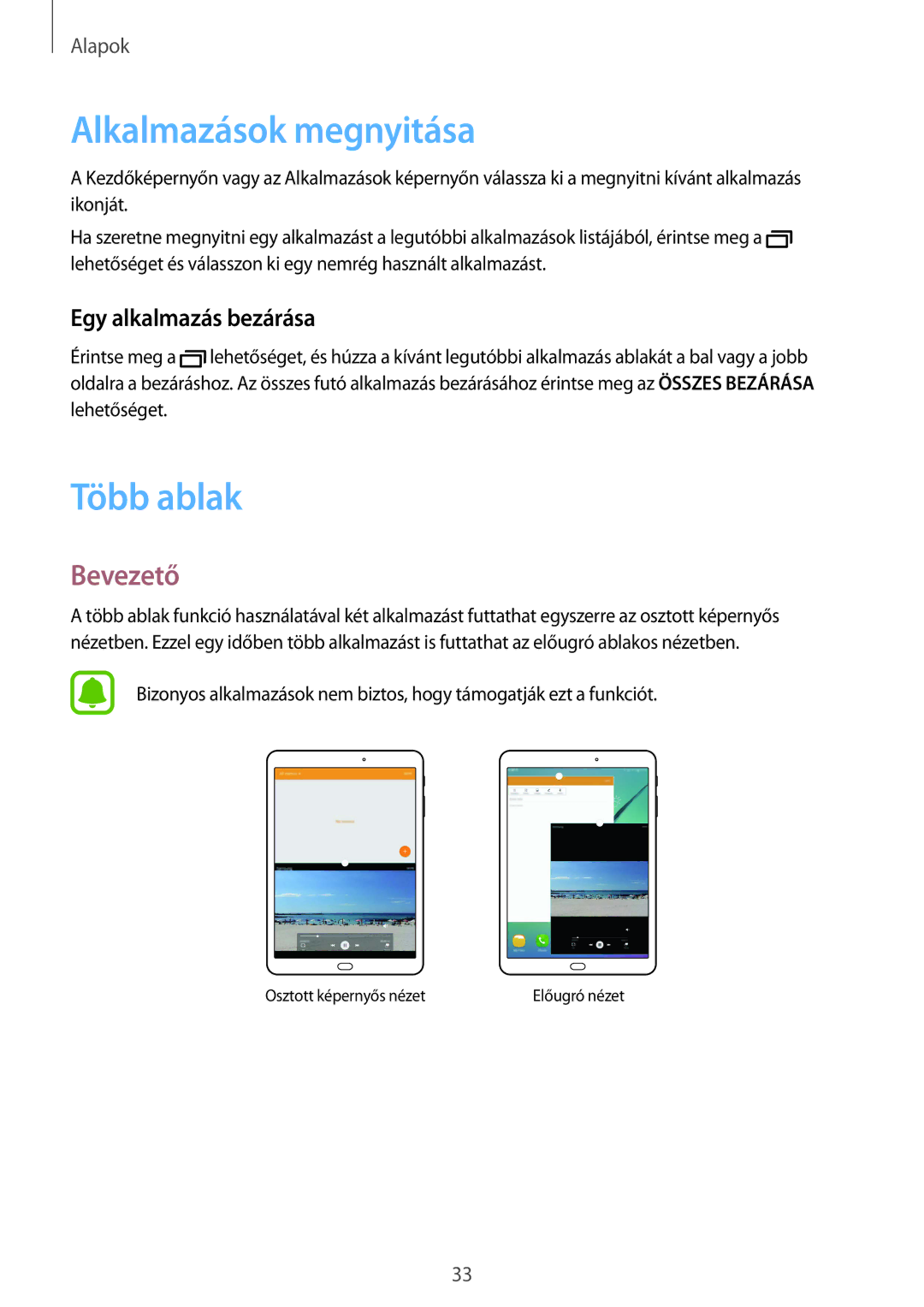 Samsung SM-T815NZKEXEH, SM-T715NZKEXEH manual Alkalmazások megnyitása, Több ablak, Bevezető, Egy alkalmazás bezárása 
