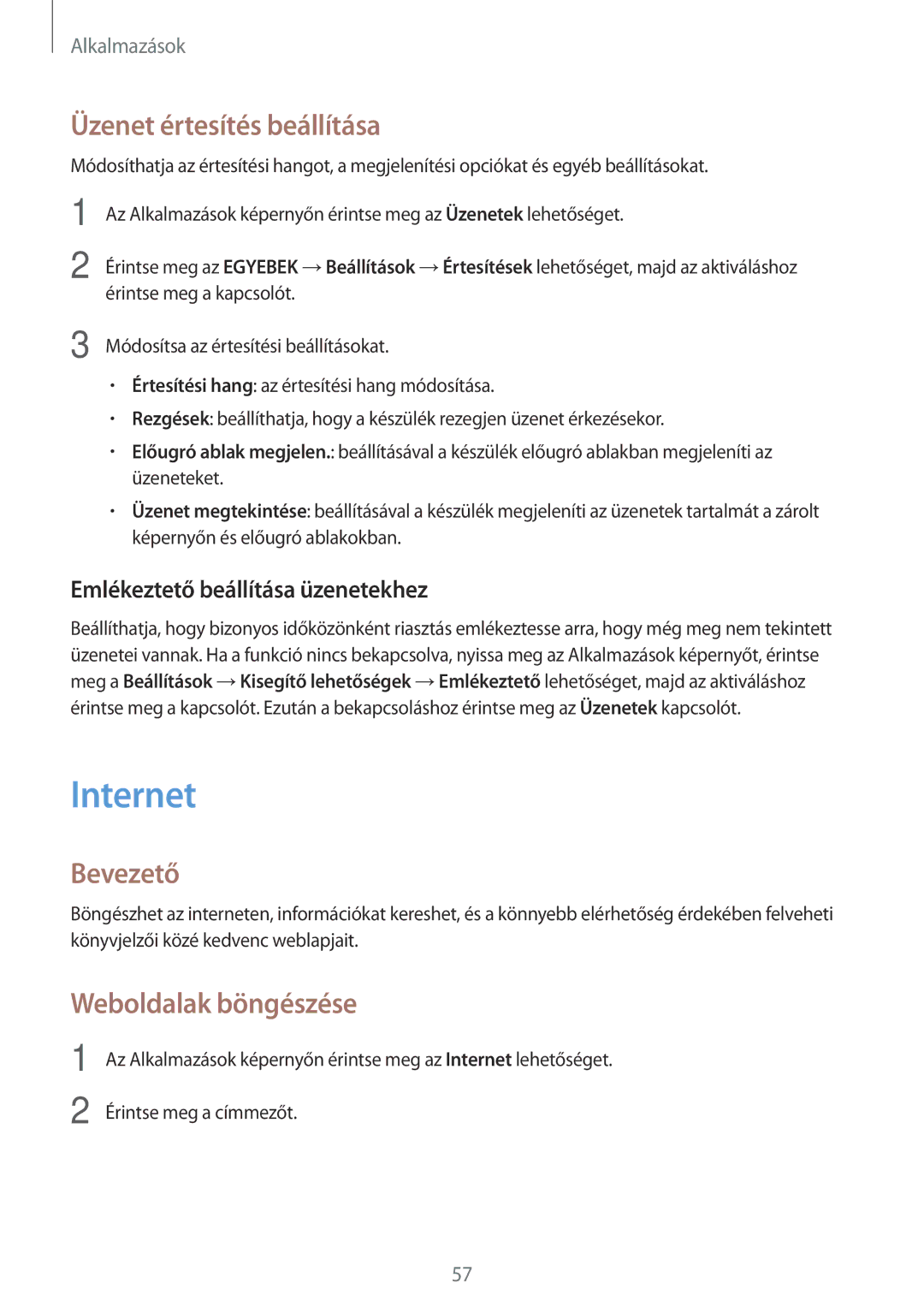 Samsung SM-T815NZKEXEH Internet, Üzenet értesítés beállítása, Weboldalak böngészése, Emlékeztető beállítása üzenetekhez 