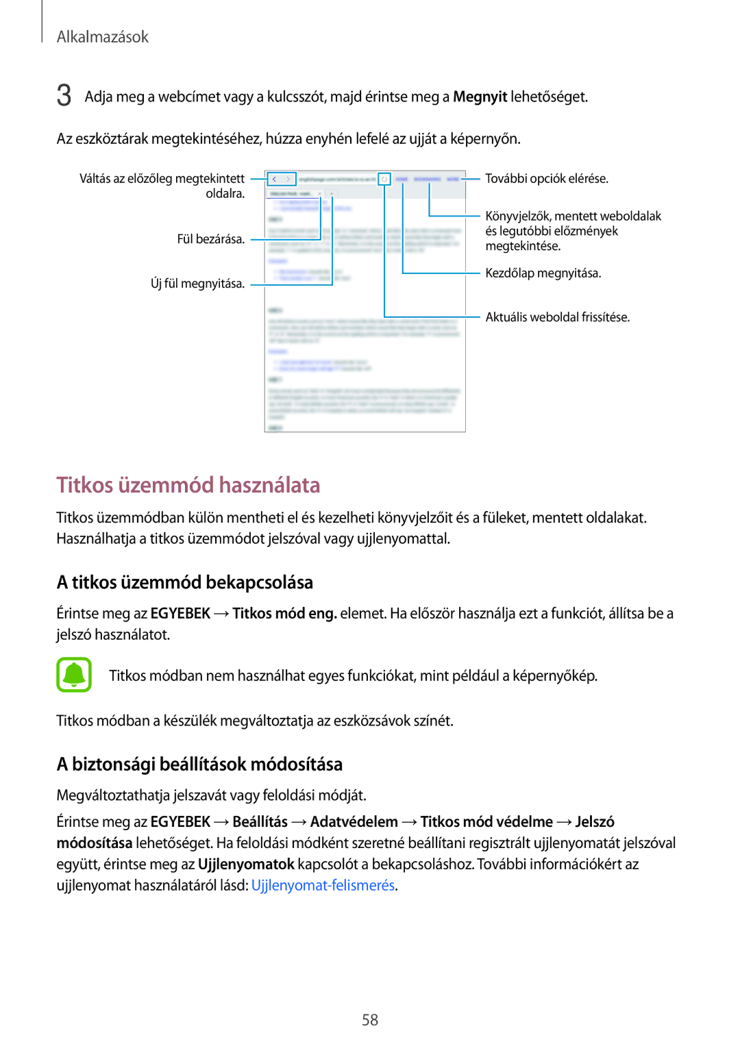 Samsung SM-T815NZWEXEH manual Titkos üzemmód használata, Titkos üzemmód bekapcsolása, Biztonsági beállítások módosítása 