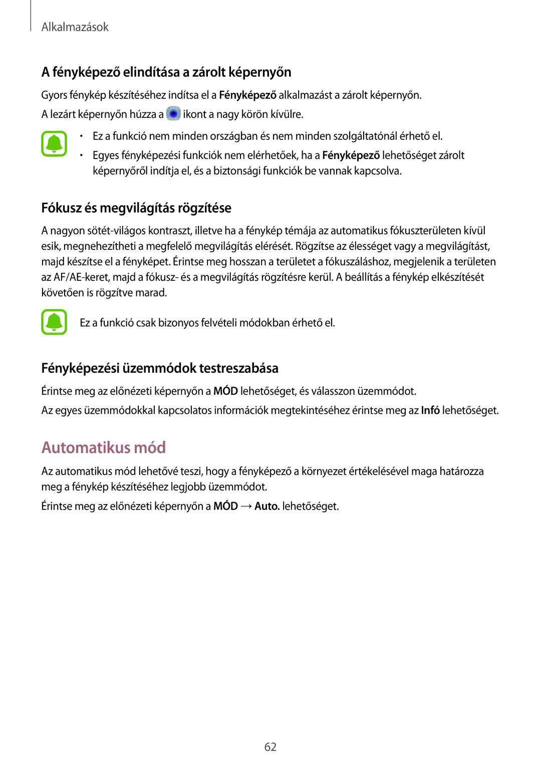 Samsung SM-T815NZWEXEH manual Automatikus mód, Fényképező elindítása a zárolt képernyőn, Fókusz és megvilágítás rögzítése 