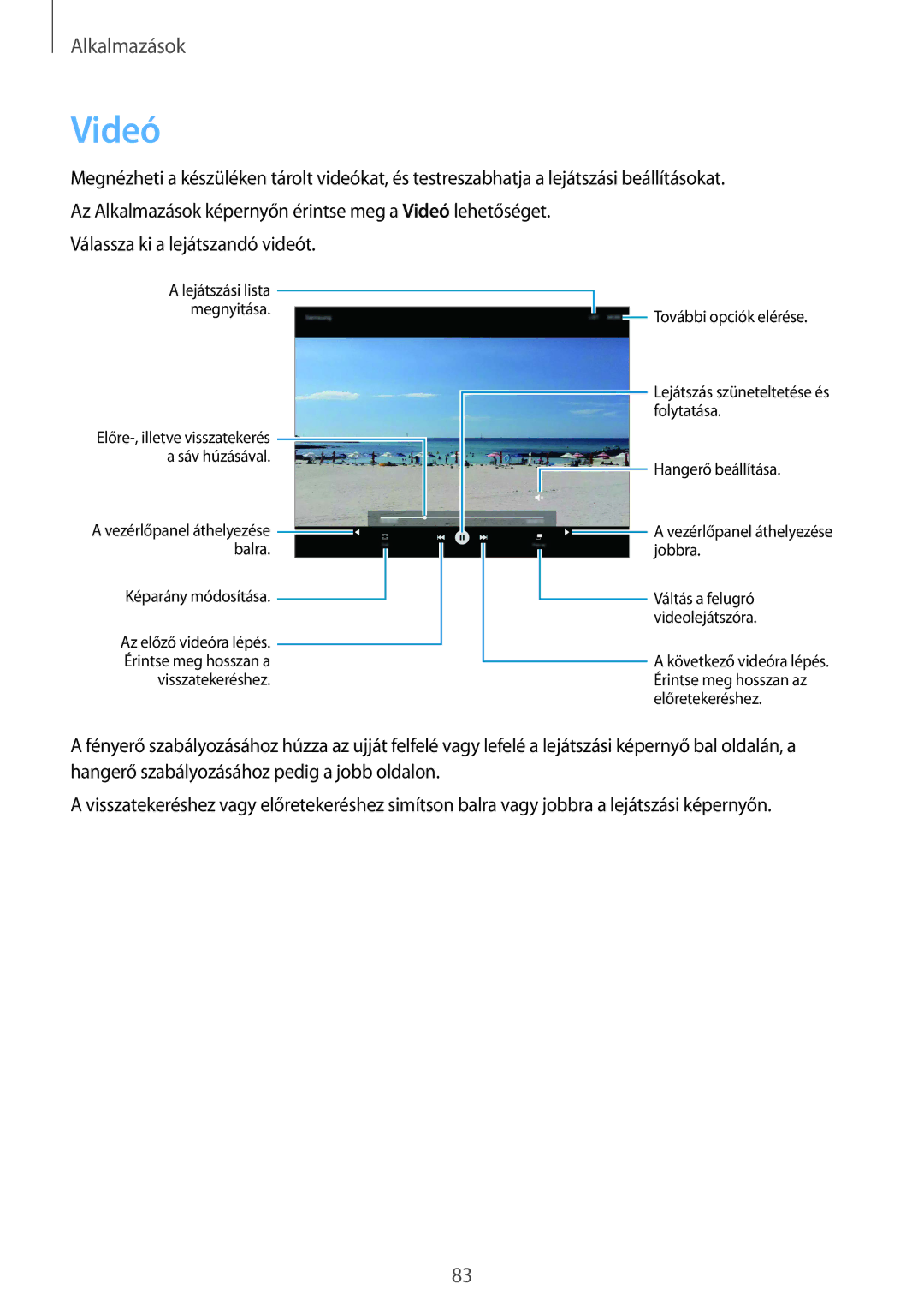 Samsung SM-T715NZWEXEH, SM-T715NZKEXEH, SM-T815NZKEXEH manual Videó, Hangerő beállítása Vezérlőpanel áthelyezése jobbra 