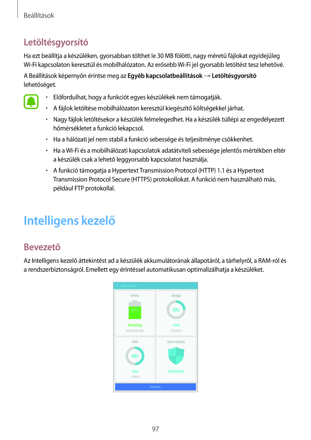 Samsung SM-T815NZKEXEH, SM-T715NZKEXEH, SM-T815NZWEXEH, SM-T715NZWEXEH manual Intelligens kezelő, Letöltésgyorsító 