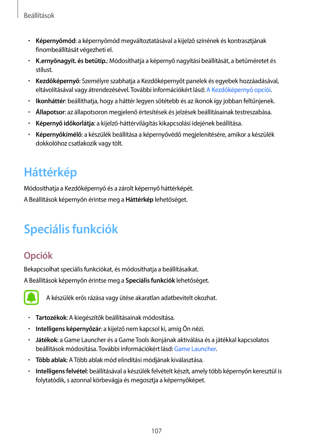 Samsung SM-T715NZWEXEH, SM-T715NZKEXEH, SM-T815NZKEXEH, SM-T815NZWEXEH manual Háttérkép, Speciális funkciók 