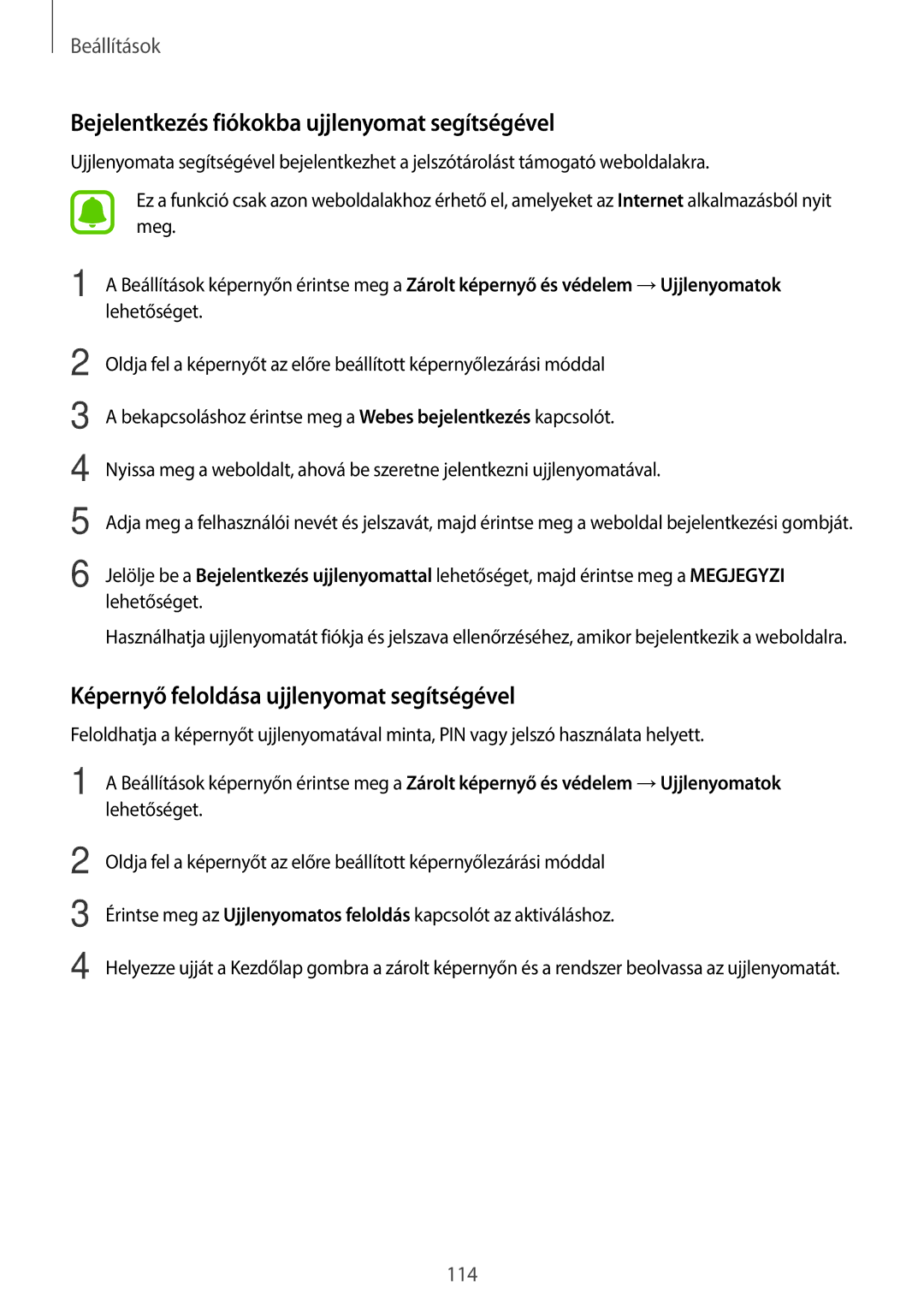 Samsung SM-T815NZWEXEH manual Bejelentkezés fiókokba ujjlenyomat segítségével, Képernyő feloldása ujjlenyomat segítségével 