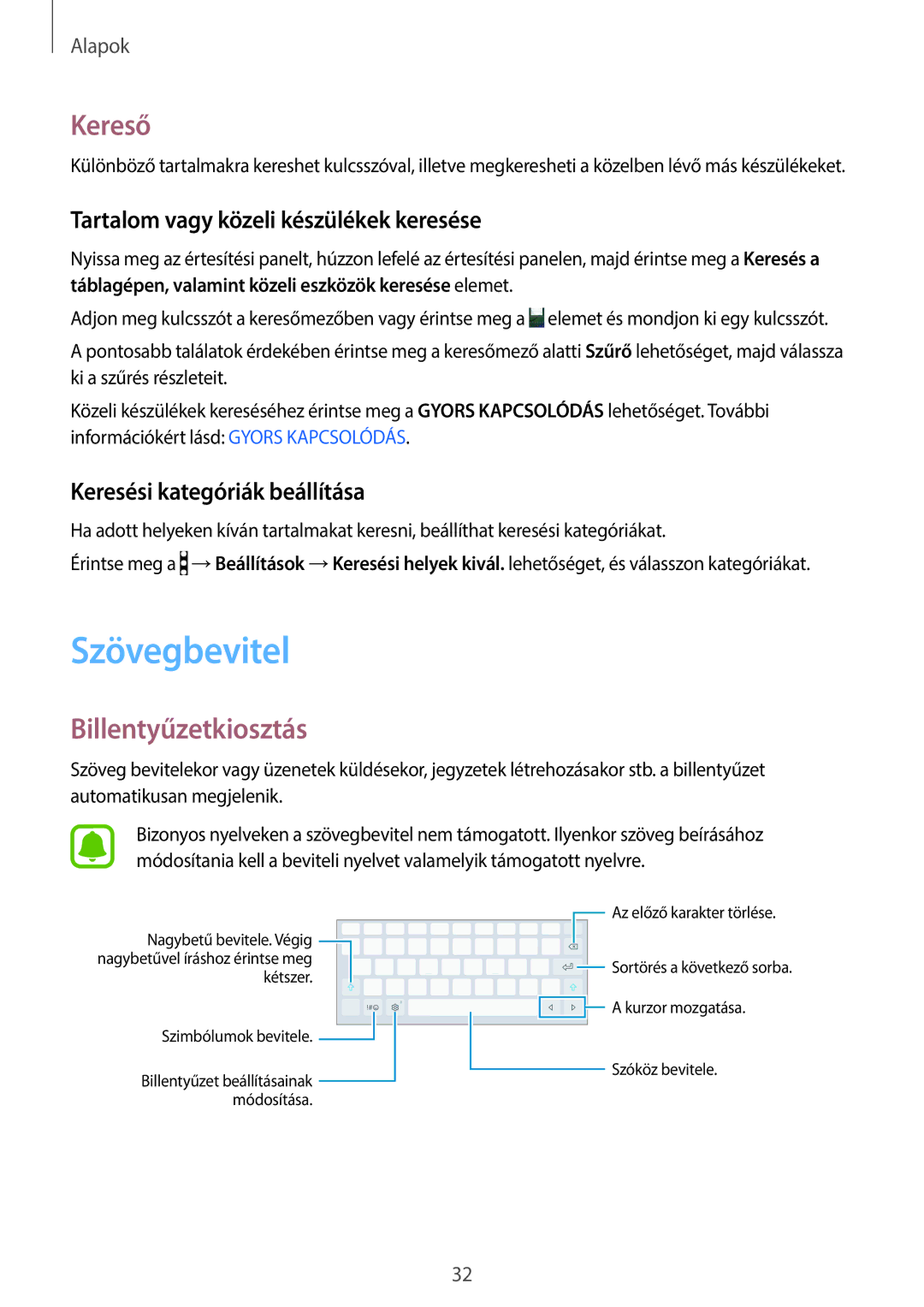 Samsung SM-T715NZKEXEH manual Szövegbevitel, Kereső, Billentyűzetkiosztás, Tartalom vagy közeli készülékek keresése 