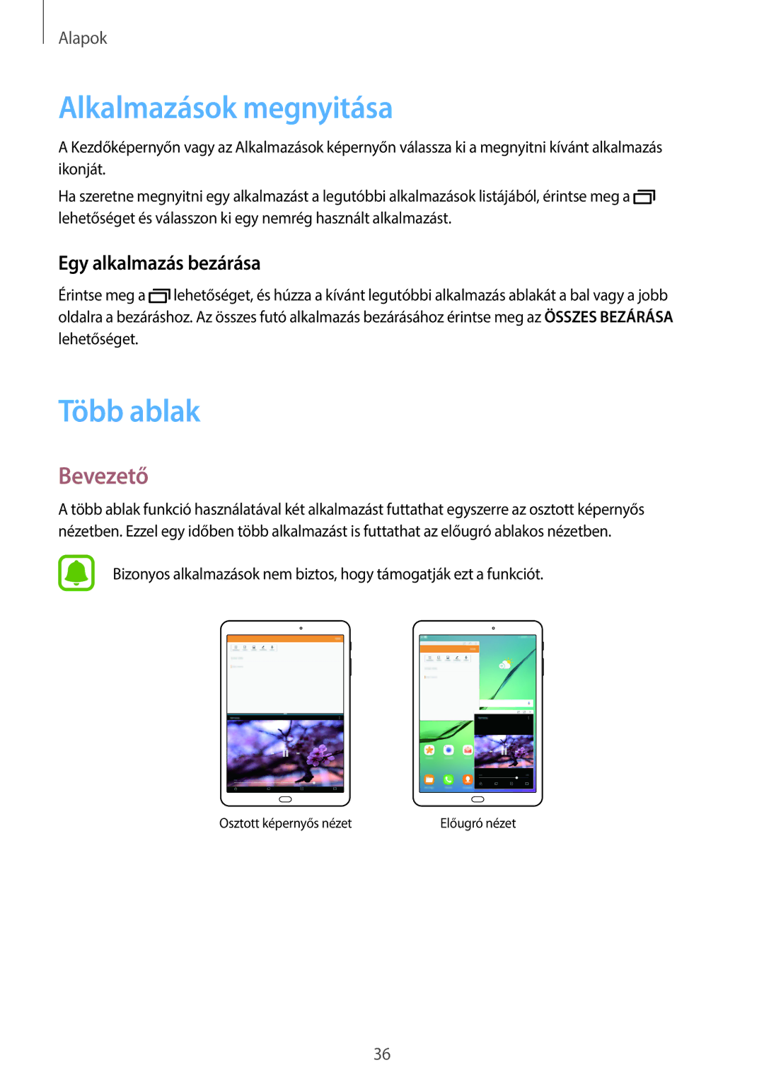 Samsung SM-T715NZKEXEH, SM-T815NZKEXEH manual Alkalmazások megnyitása, Több ablak, Bevezető, Egy alkalmazás bezárása 